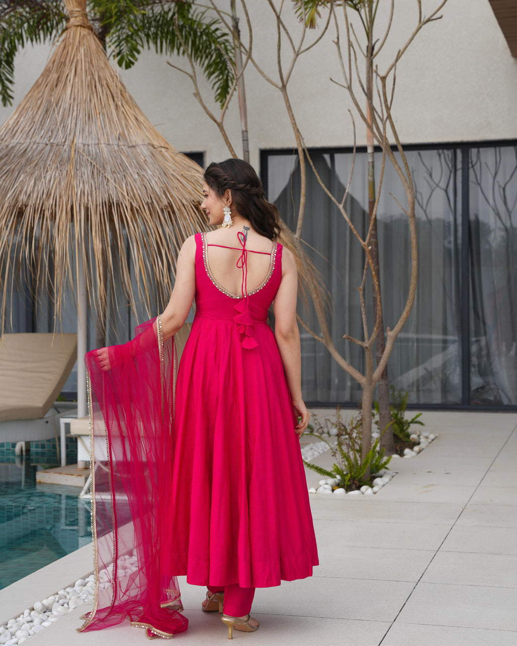 Pink Roman Silk Chanderi Anarkali Suit Set with Huge Flair for Festive Occasions