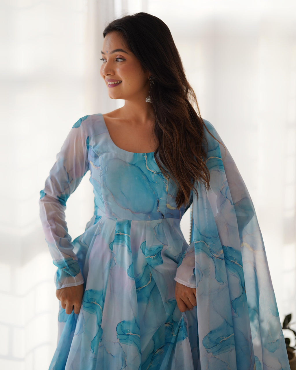 Sky Soft Organza Anarkali Suit Set with Huge Flair for Festive & Wedding Wear
