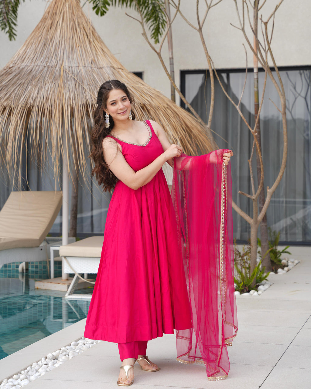 Pink Roman Silk Chanderi Anarkali Suit Set with Huge Flair for Festive Occasions