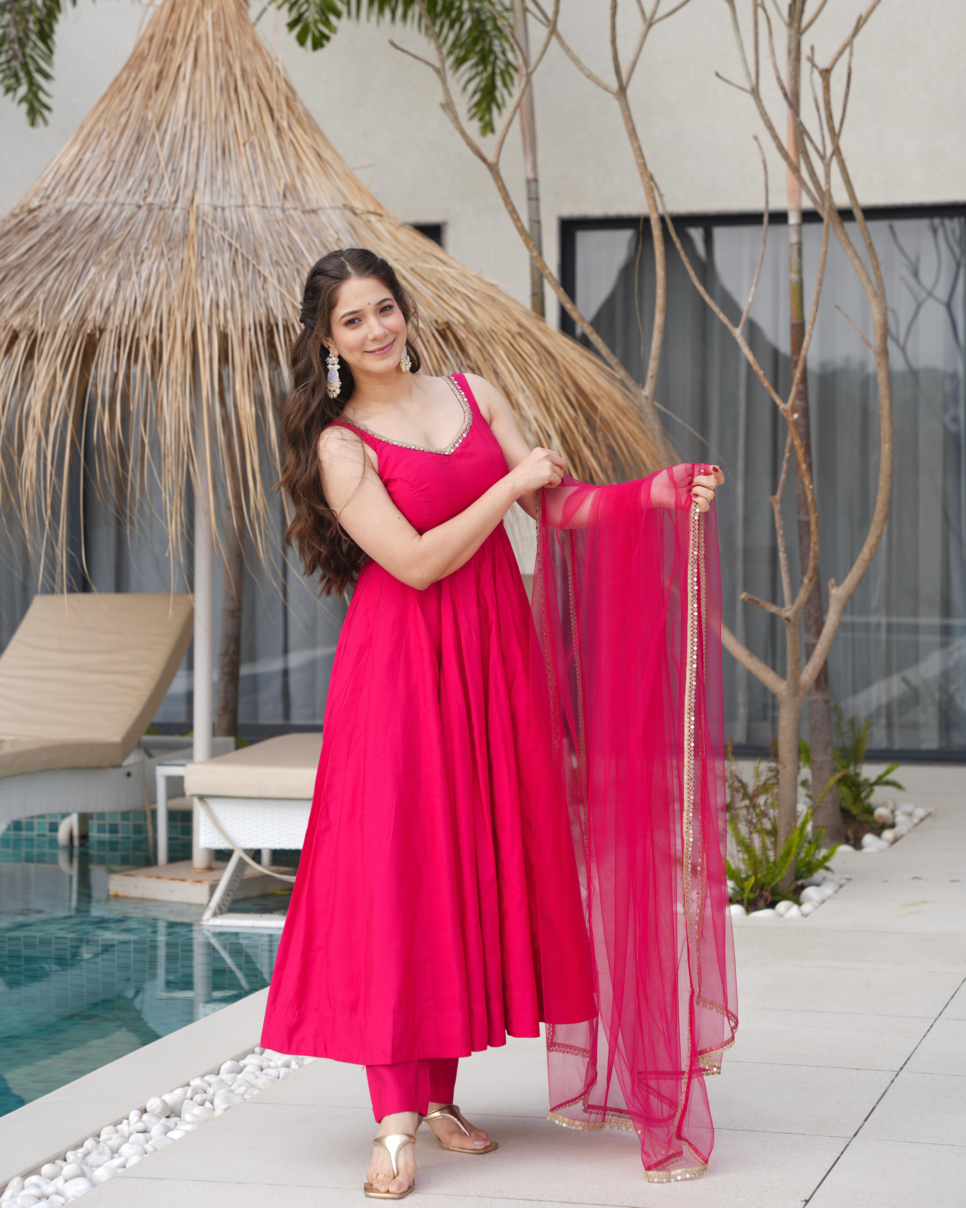 Pink Roman Silk Chanderi Anarkali Suit Set with Huge Flair for Festive Occasions