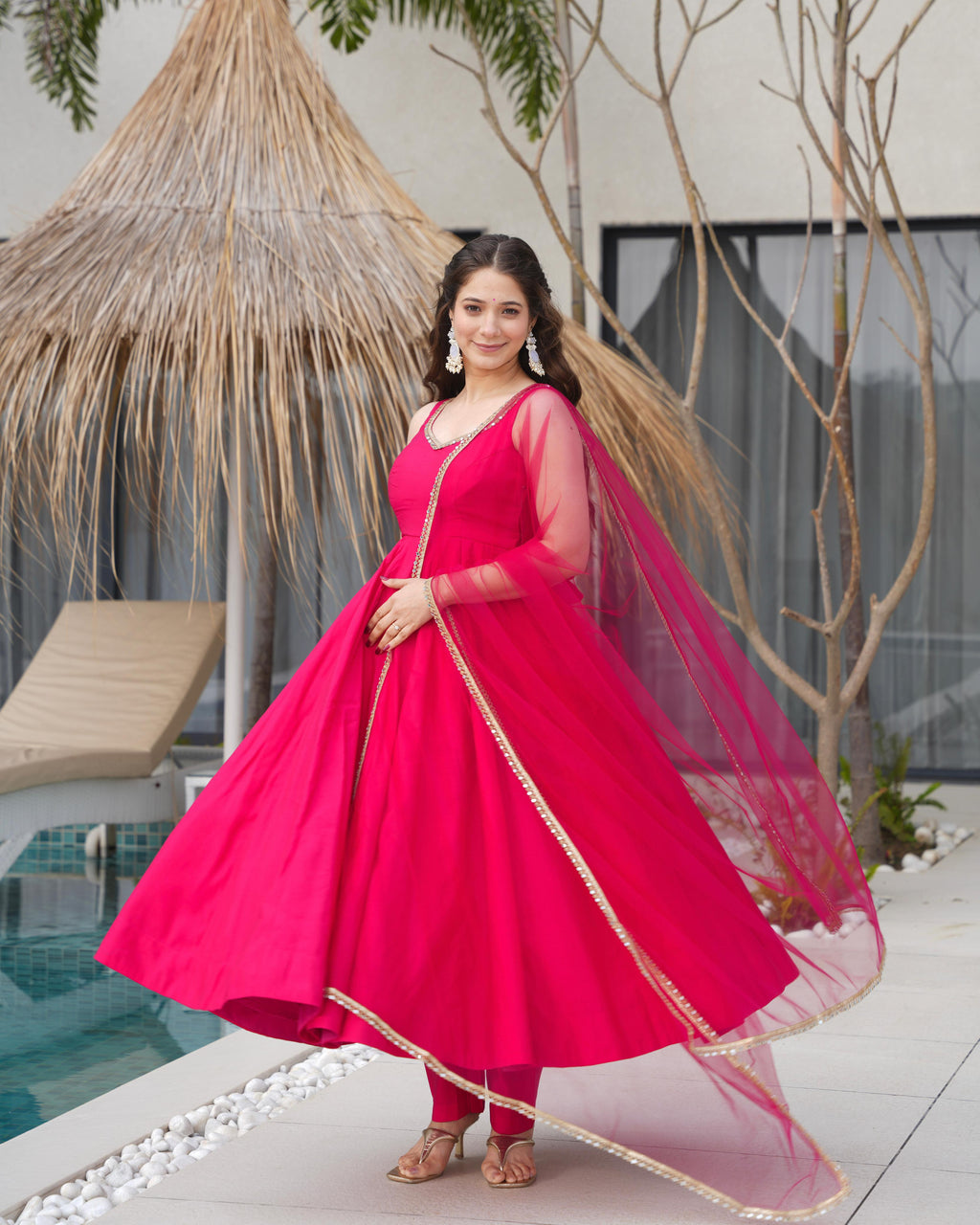 Pink Roman Silk Chanderi Anarkali Suit Set with Huge Flair for Festive Occasions