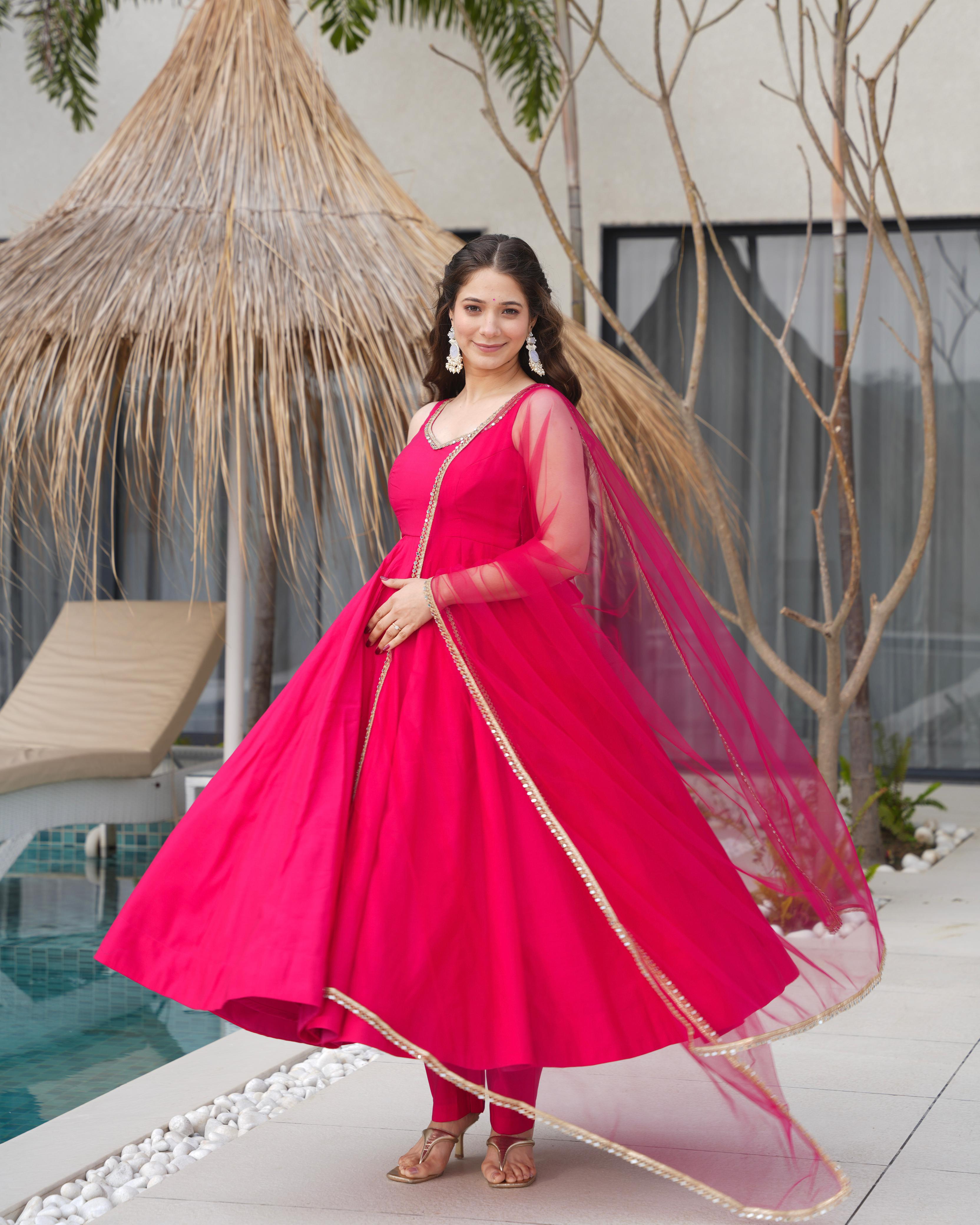 Pink Roman Silk Chanderi Anarkali Suit Set with Huge Flair for Festive Occasions