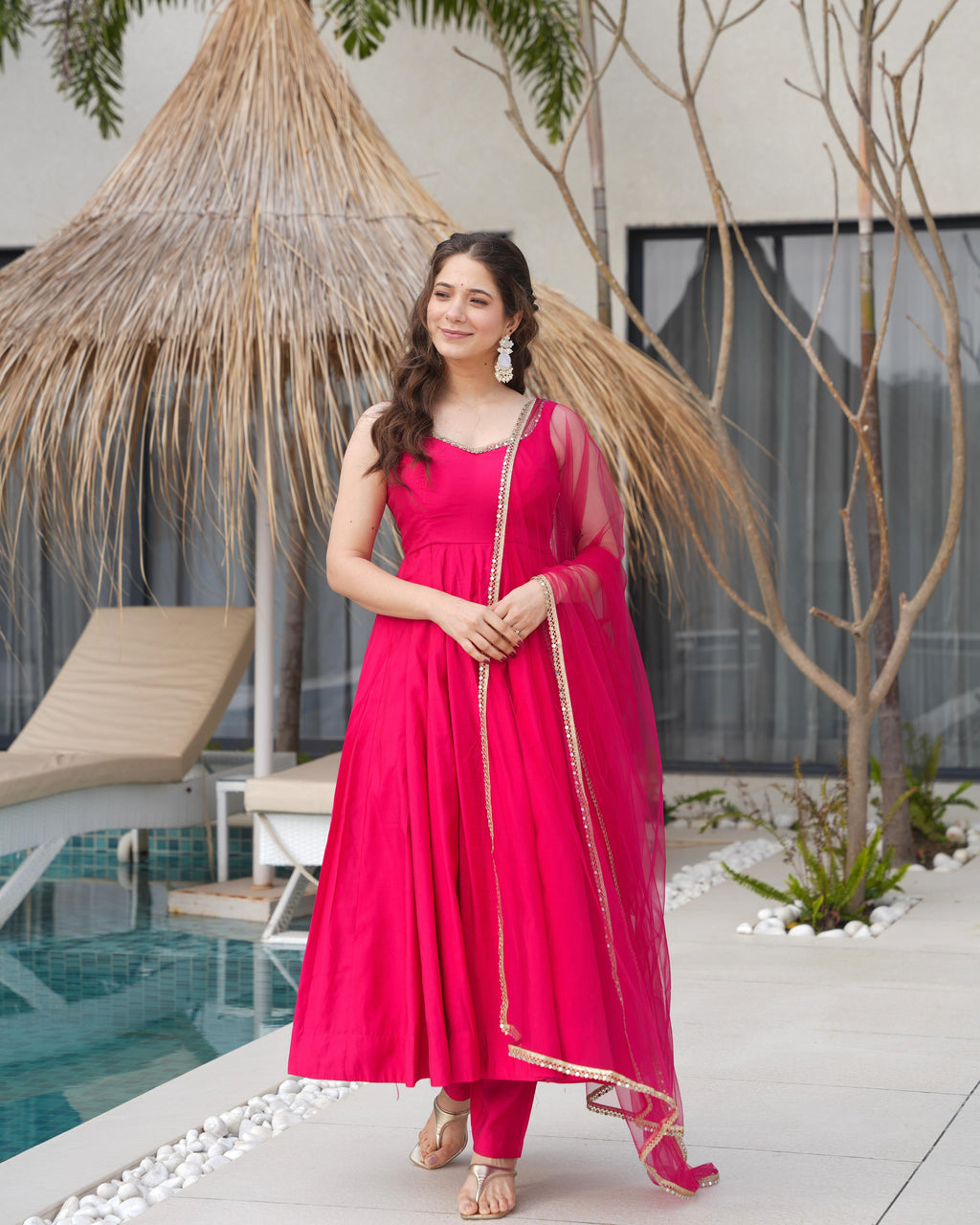 Pink Roman Silk Chanderi Anarkali Suit Set with Huge Flair for Festive Occasions