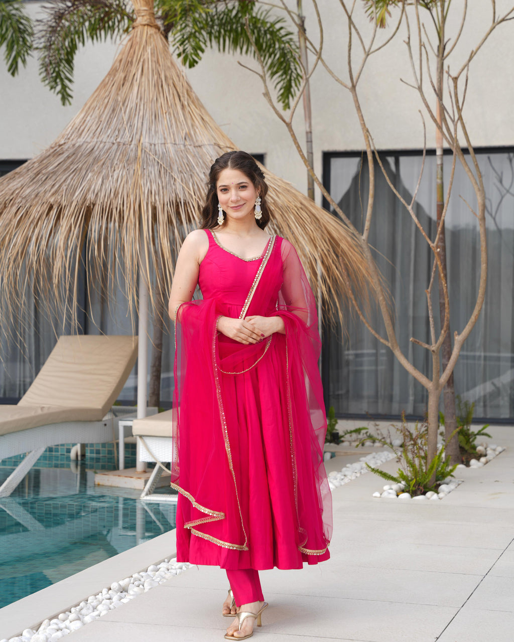 Pink Roman Silk Chanderi Anarkali Suit Set with Huge Flair for Festive Occasions