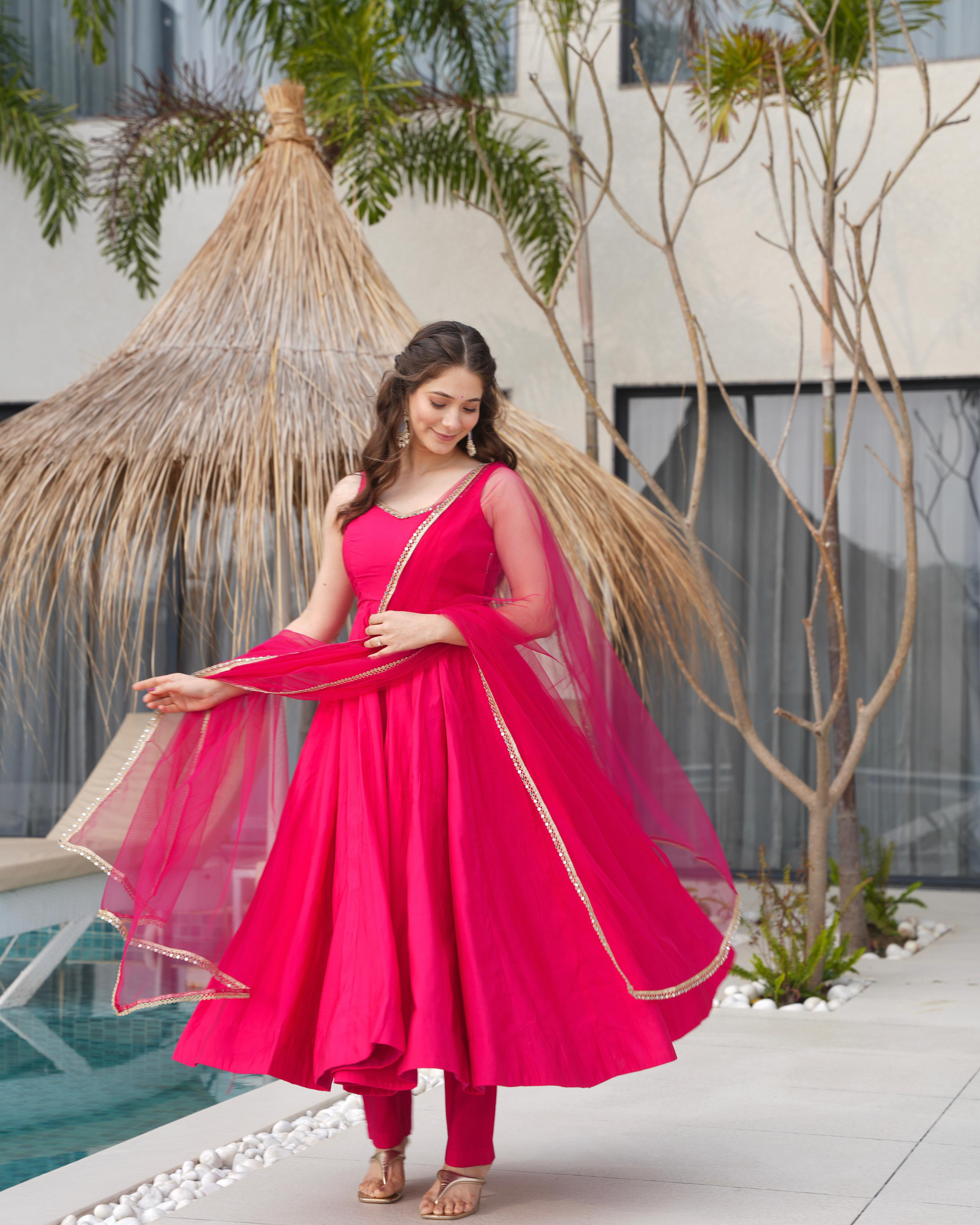 Pink Roman Silk Chanderi Anarkali Suit Set with Huge Flair for Festive Occasions
