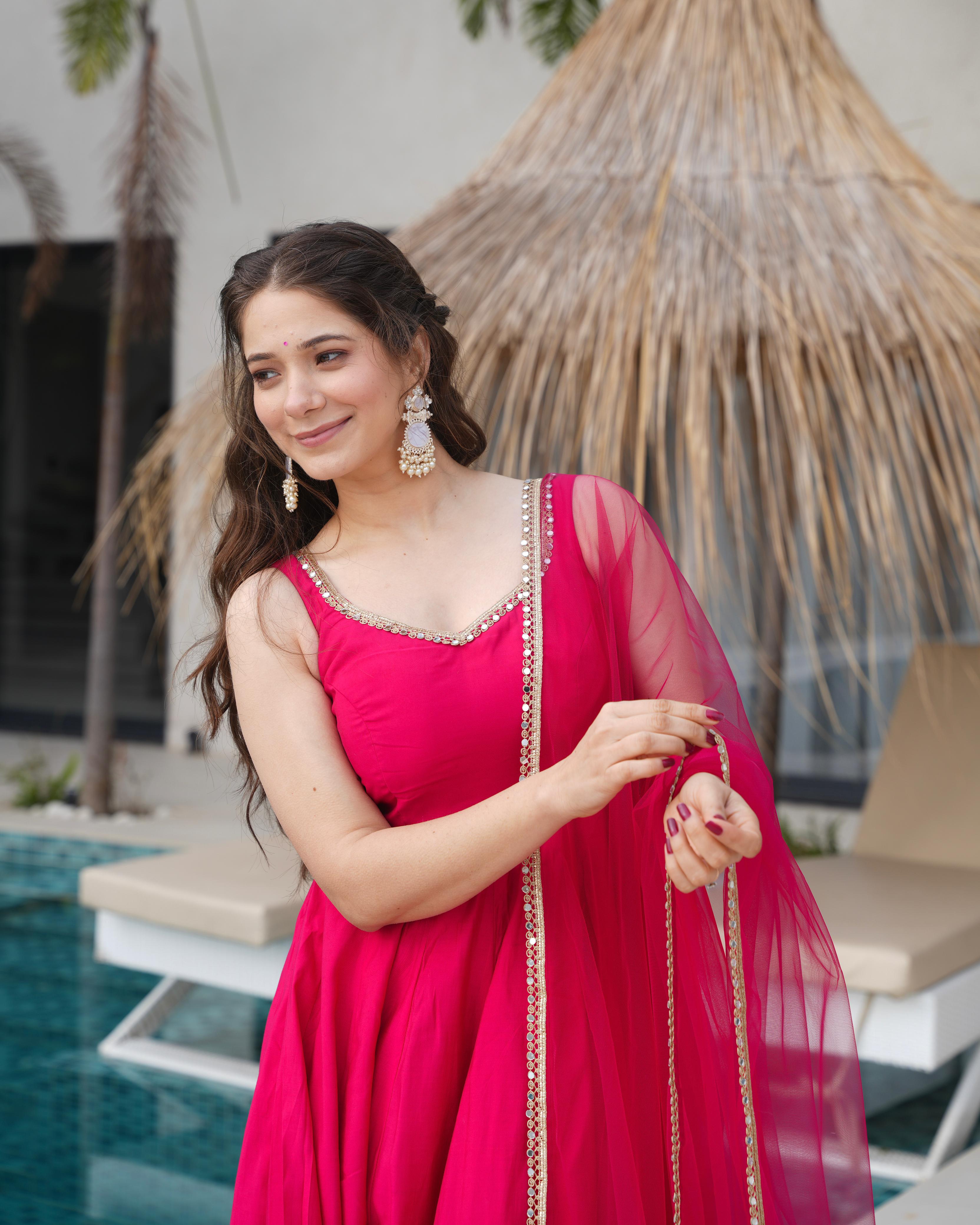 Pink Roman Silk Chanderi Anarkali Suit Set with Huge Flair for Festive Occasions