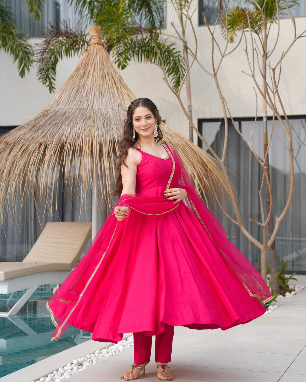 Pink Roman Silk Chanderi Anarkali Suit Set with Huge Flair for Festive Occasions