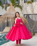 Pink Roman Silk Chanderi Anarkali Suit Set with Huge Flair for Festive Occasions