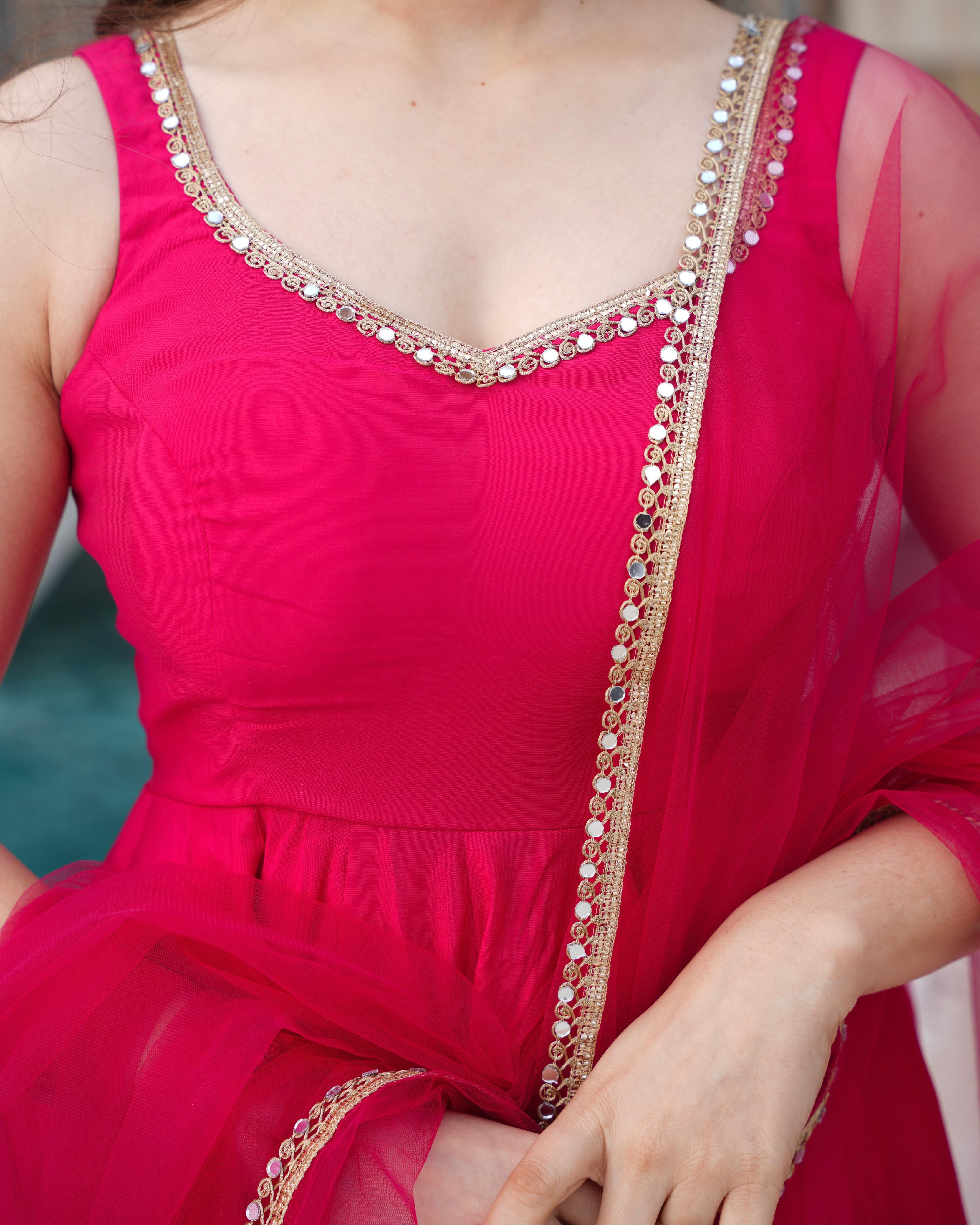 Pink Roman Silk Chanderi Anarkali Suit Set with Huge Flair for Festive Occasions