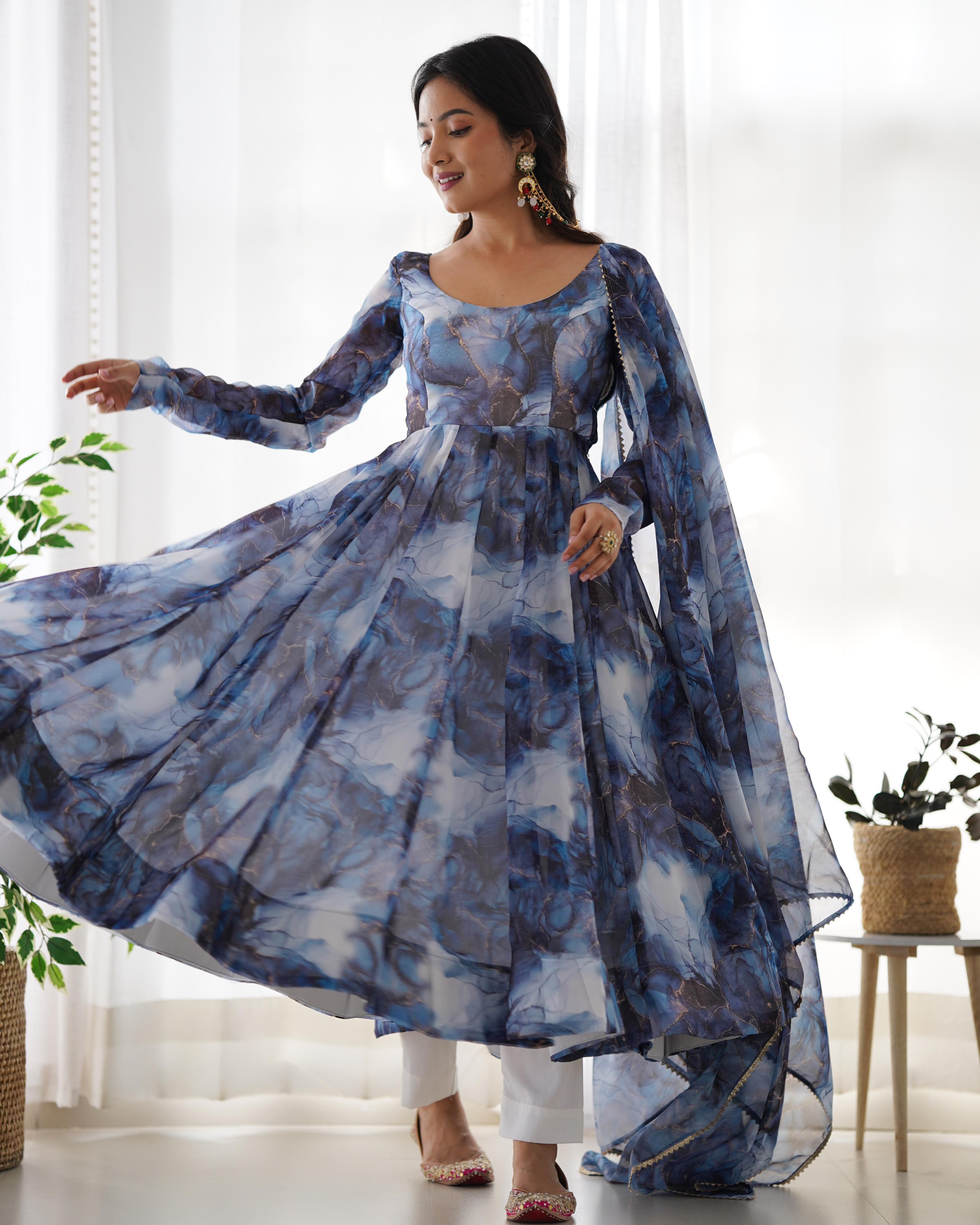 Navy Soft Organza Anarkali Suit Set with Huge Flair for Festive & Wedding Wear