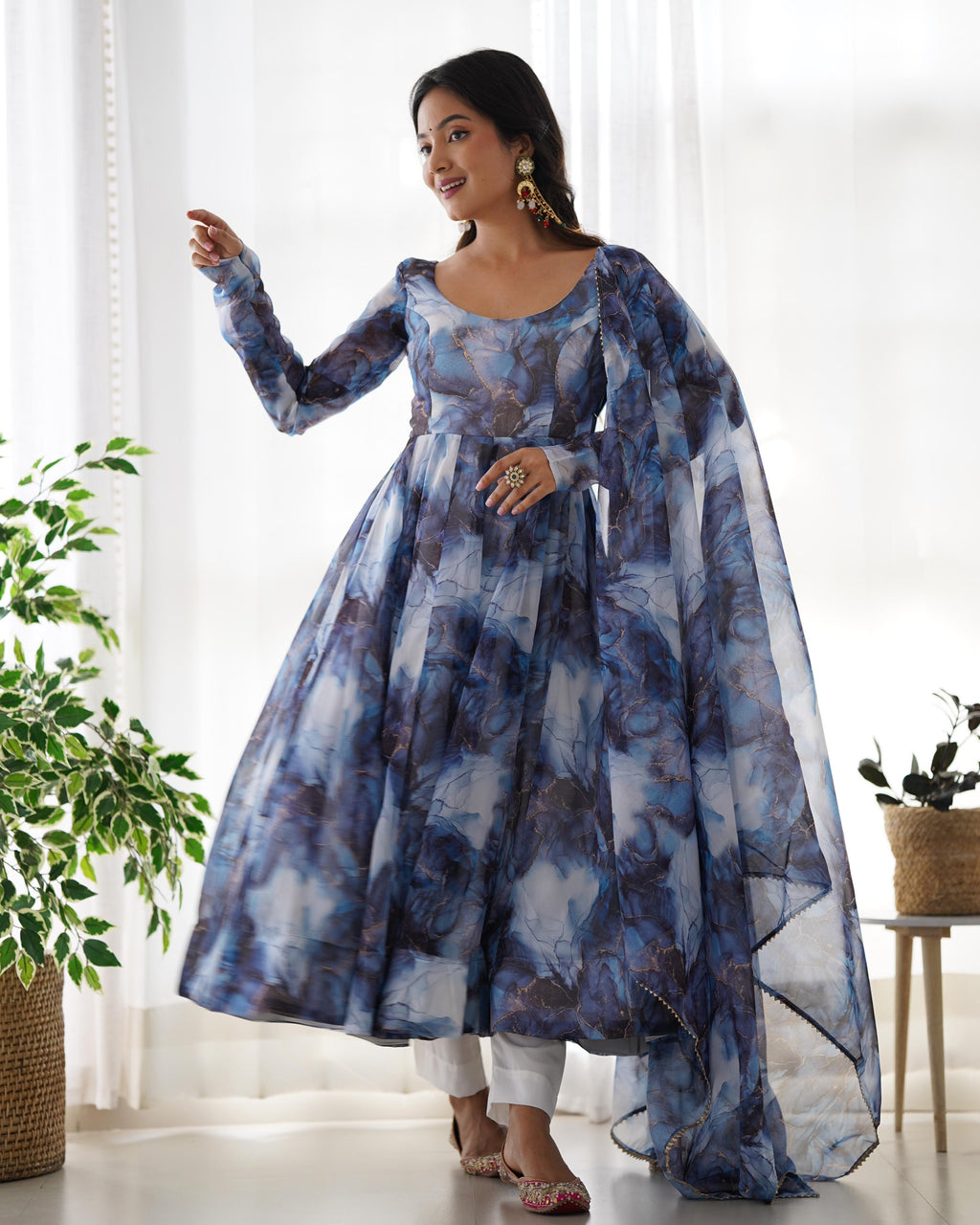 Navy Soft Organza Anarkali Suit Set with Huge Flair for Festive & Wedding Wear