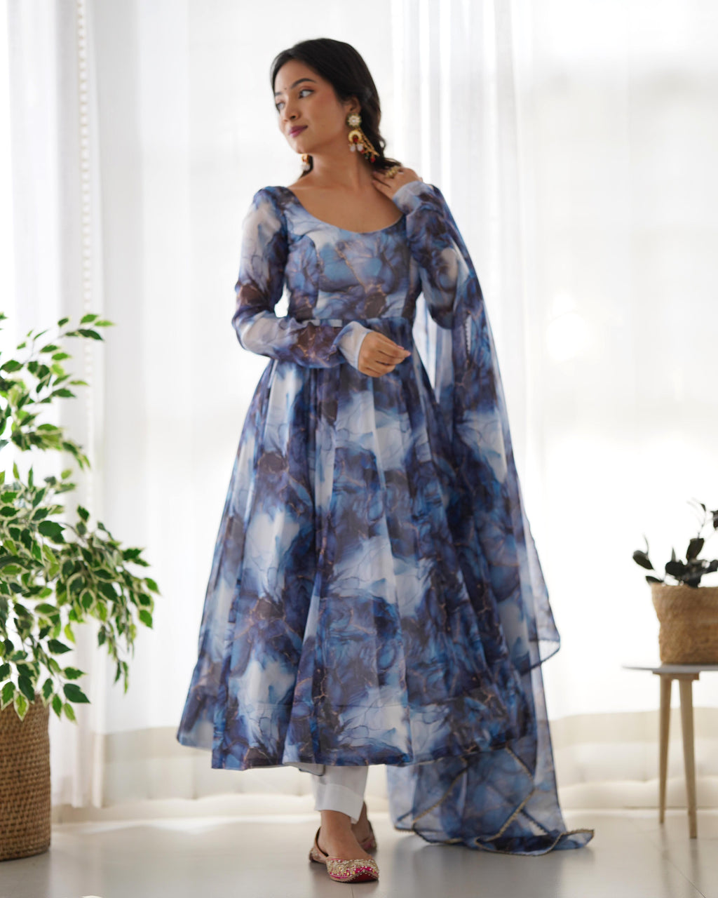 Navy Soft Organza Anarkali Suit Set with Huge Flair for Festive & Wedding Wear