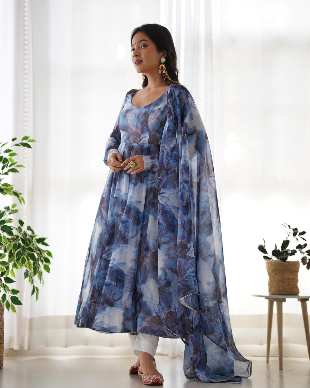 Navy Soft Organza Anarkali Suit Set with Huge Flair for Festive & Wedding Wear