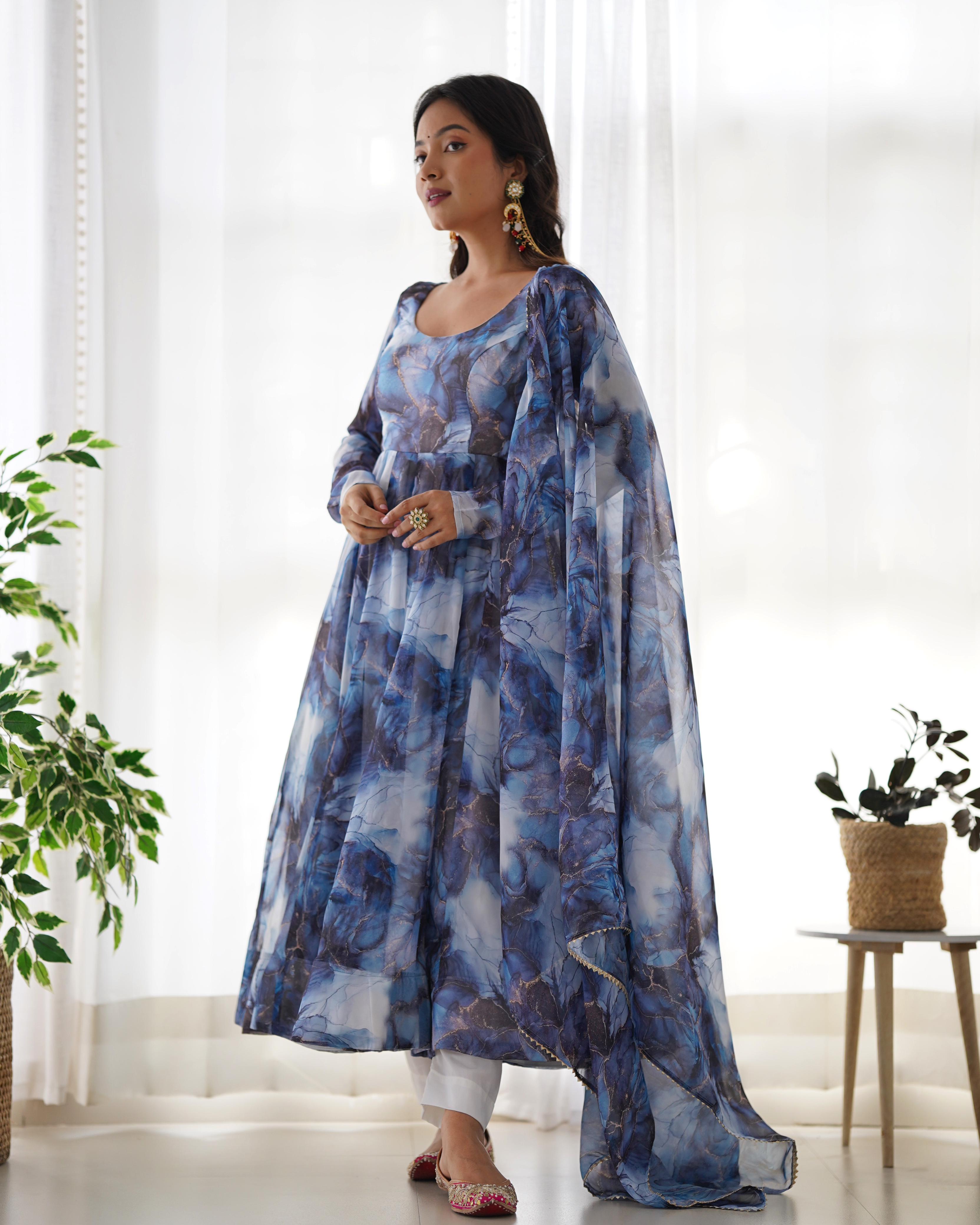 Navy Soft Organza Anarkali Suit Set with Huge Flair for Festive & Wedding Wear