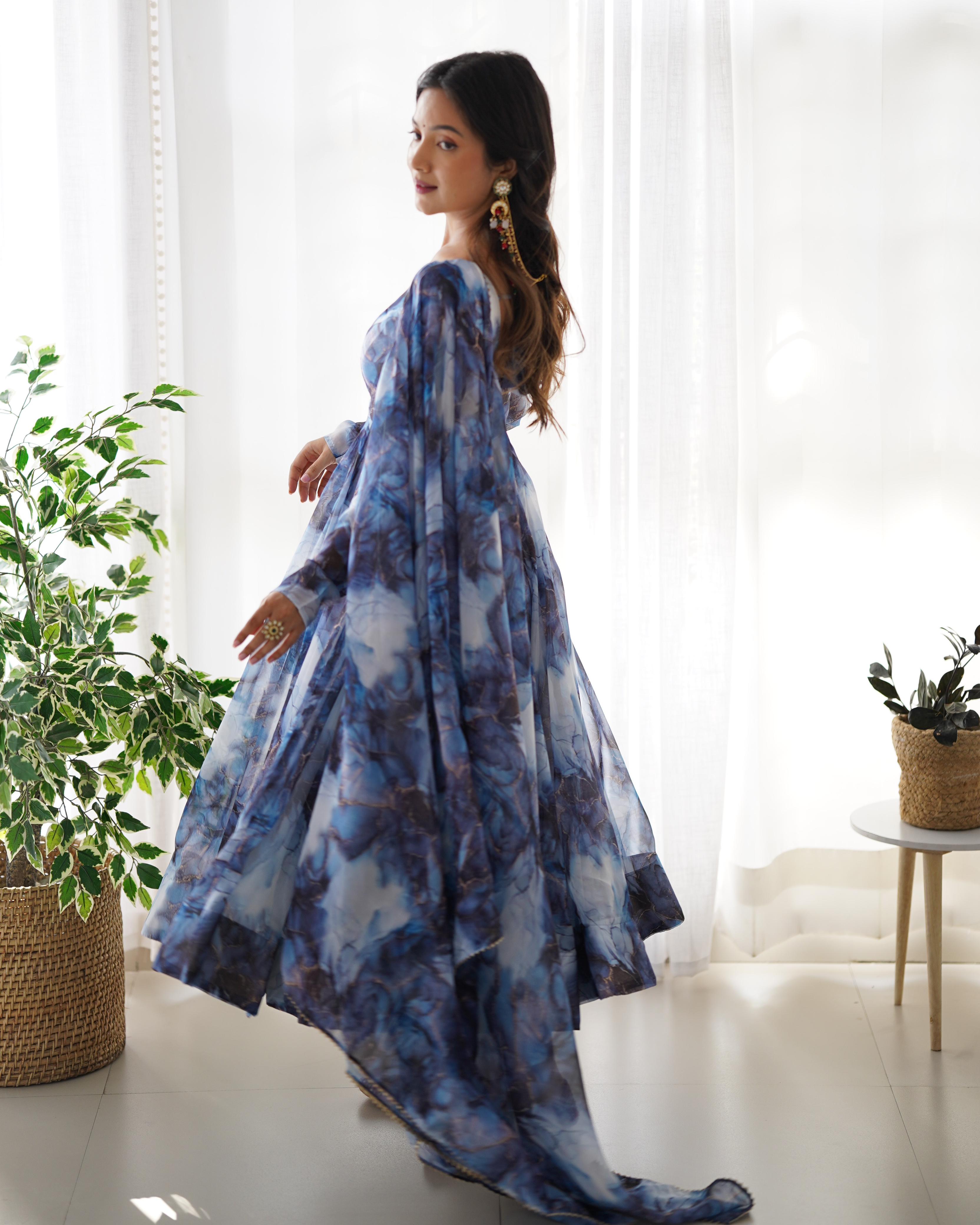 Navy Soft Organza Anarkali Suit Set with Huge Flair for Festive & Wedding Wear