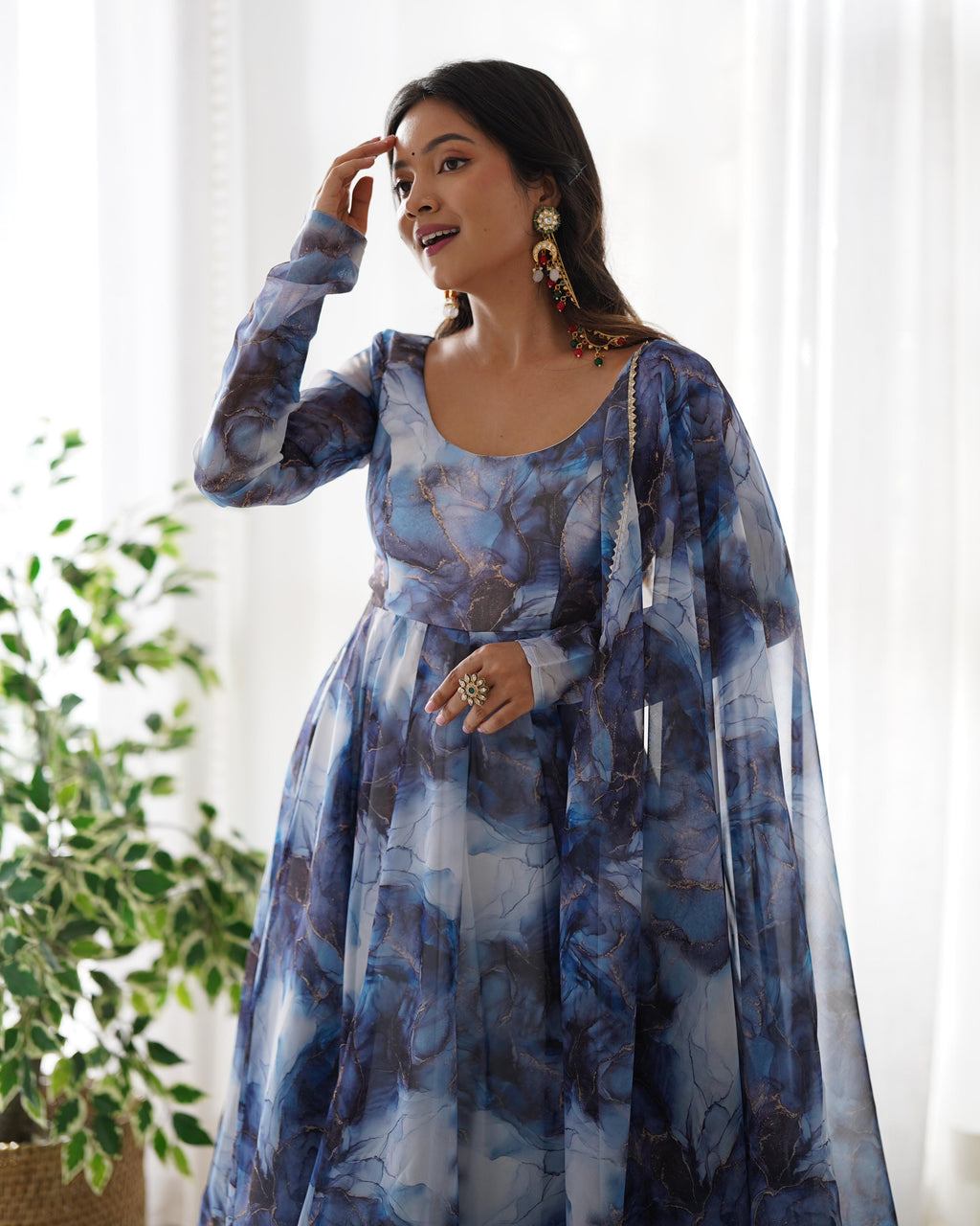 Navy Soft Organza Anarkali Suit Set with Huge Flair for Festive & Wedding Wear