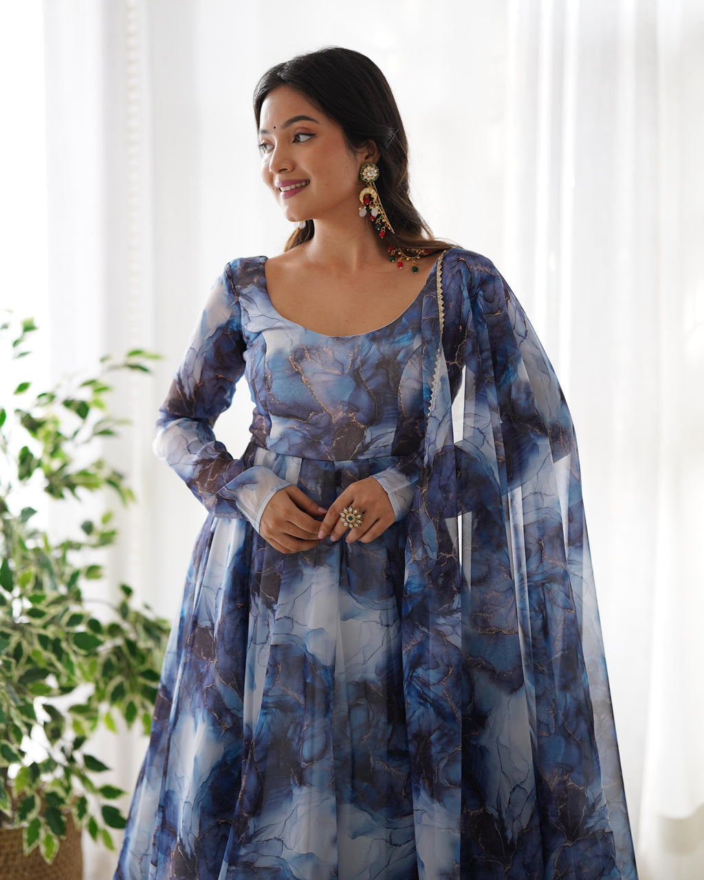 Navy Soft Organza Anarkali Suit Set with Huge Flair for Festive & Wedding Wear