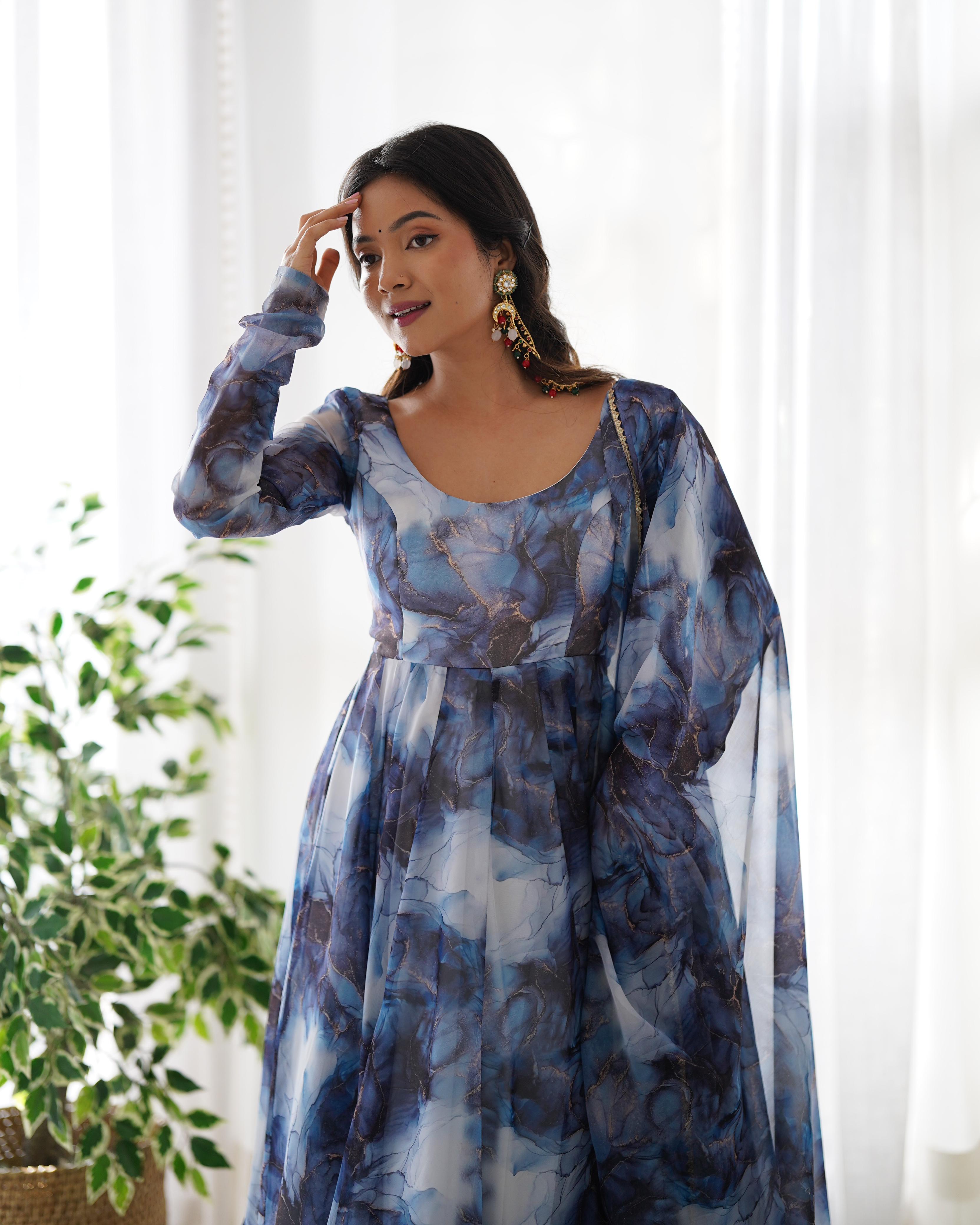 Navy Soft Organza Anarkali Suit Set with Huge Flair for Festive & Wedding Wear