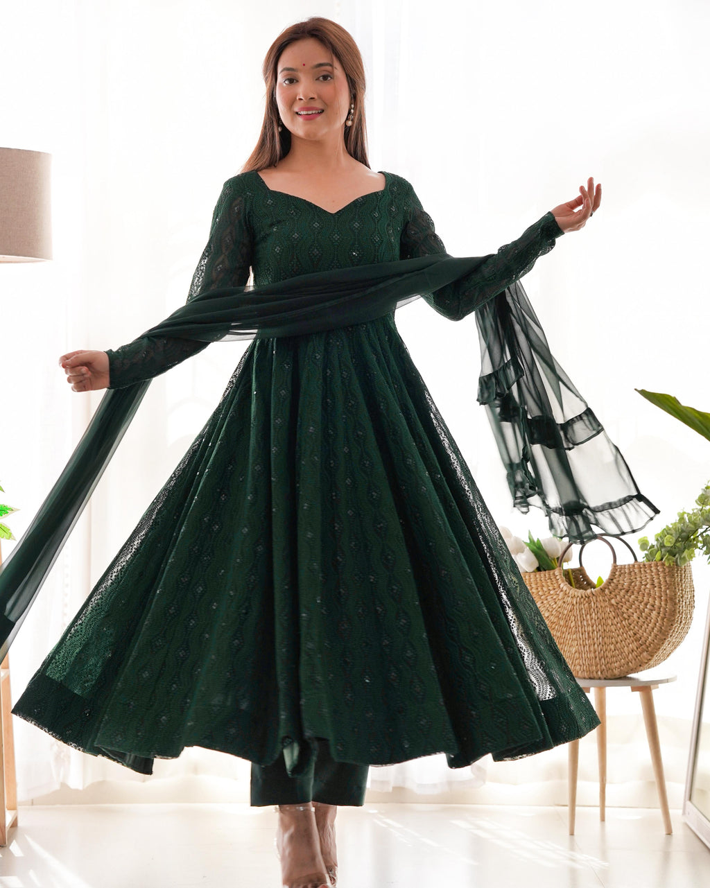Green Pure Soft Fox Georgette Anarkali Suit Set With Huge Flair, Dupatta & Pant