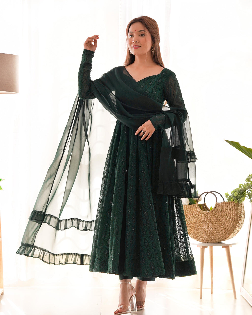 Green Pure Soft Fox Georgette Anarkali Suit Set With Huge Flair, Dupatta & Pant