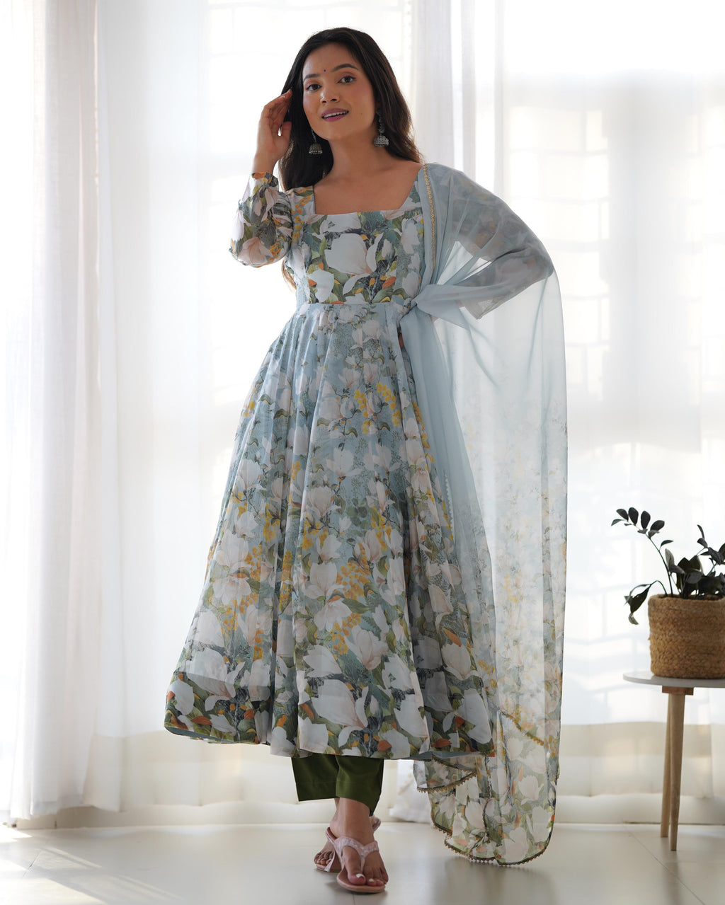 Floral Green Pure Soft Organza Anarkali Suit Set With Huge Flair, Dupatta & Pant