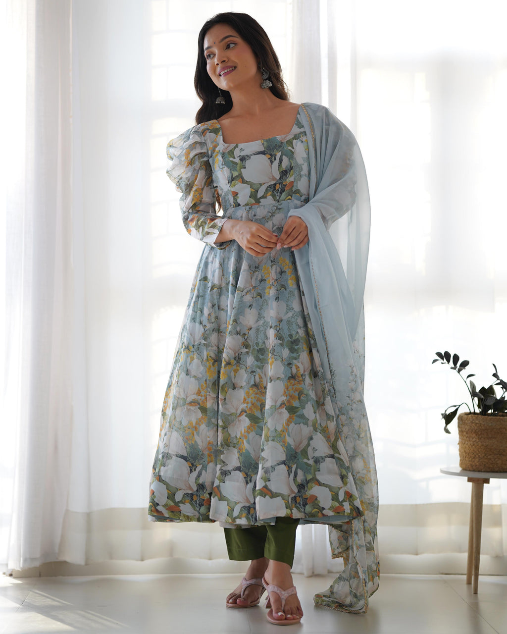 Floral Green Pure Soft Organza Anarkali Suit Set With Huge Flair, Dupatta & Pant