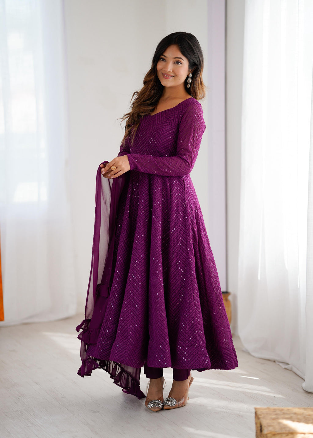 Wine Pure Soft Georgette Anarkali Suit Set with Huge Flair for Festive Occasions