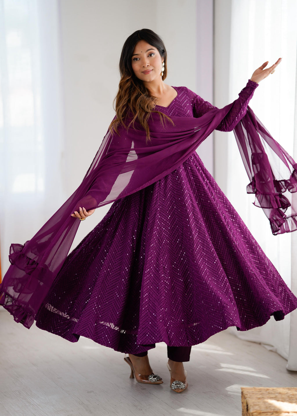 Wine Pure Soft Georgette Anarkali Suit Set with Huge Flair for Festive Occasions