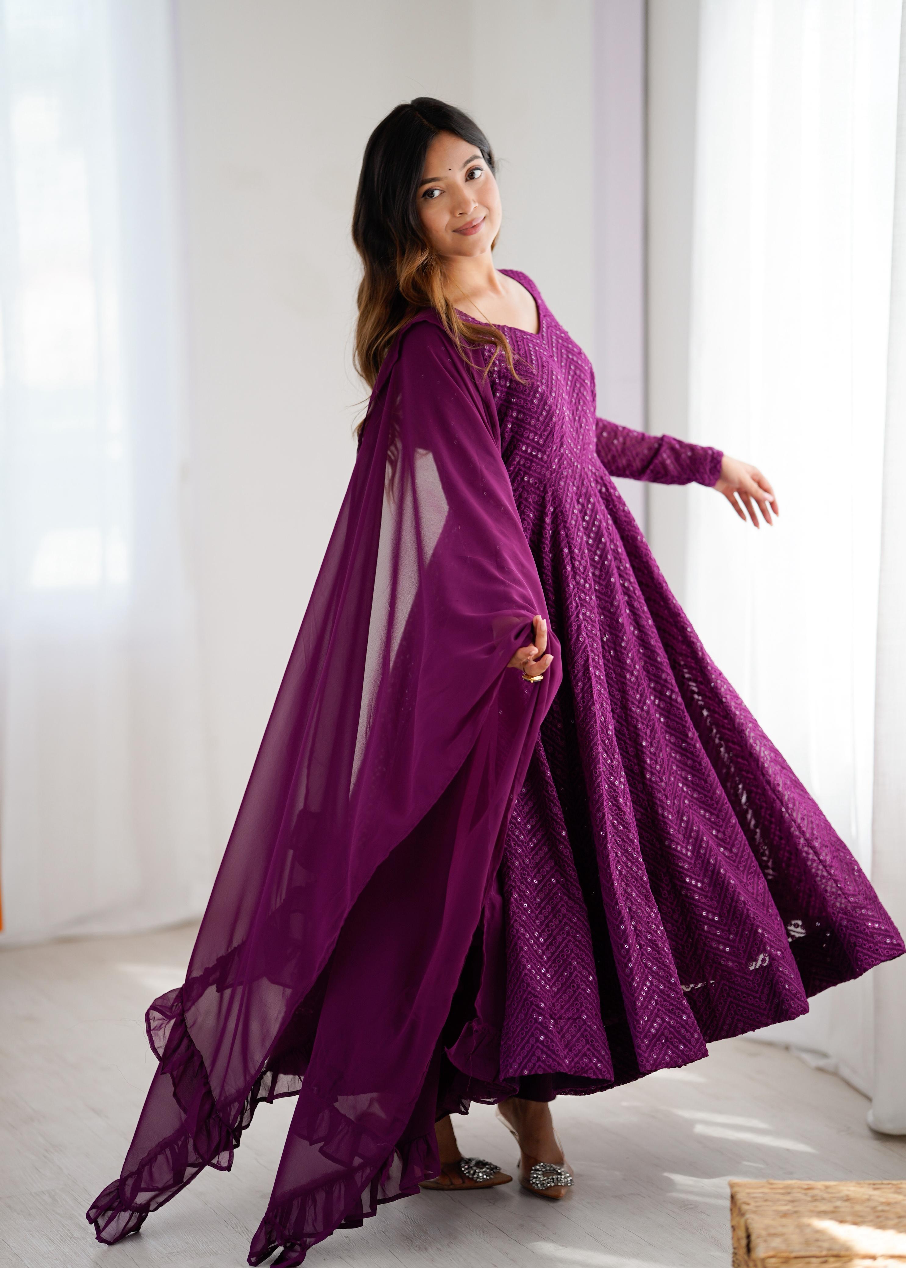 Wine Pure Soft Georgette Anarkali Suit Set with Huge Flair for Festive Occasions