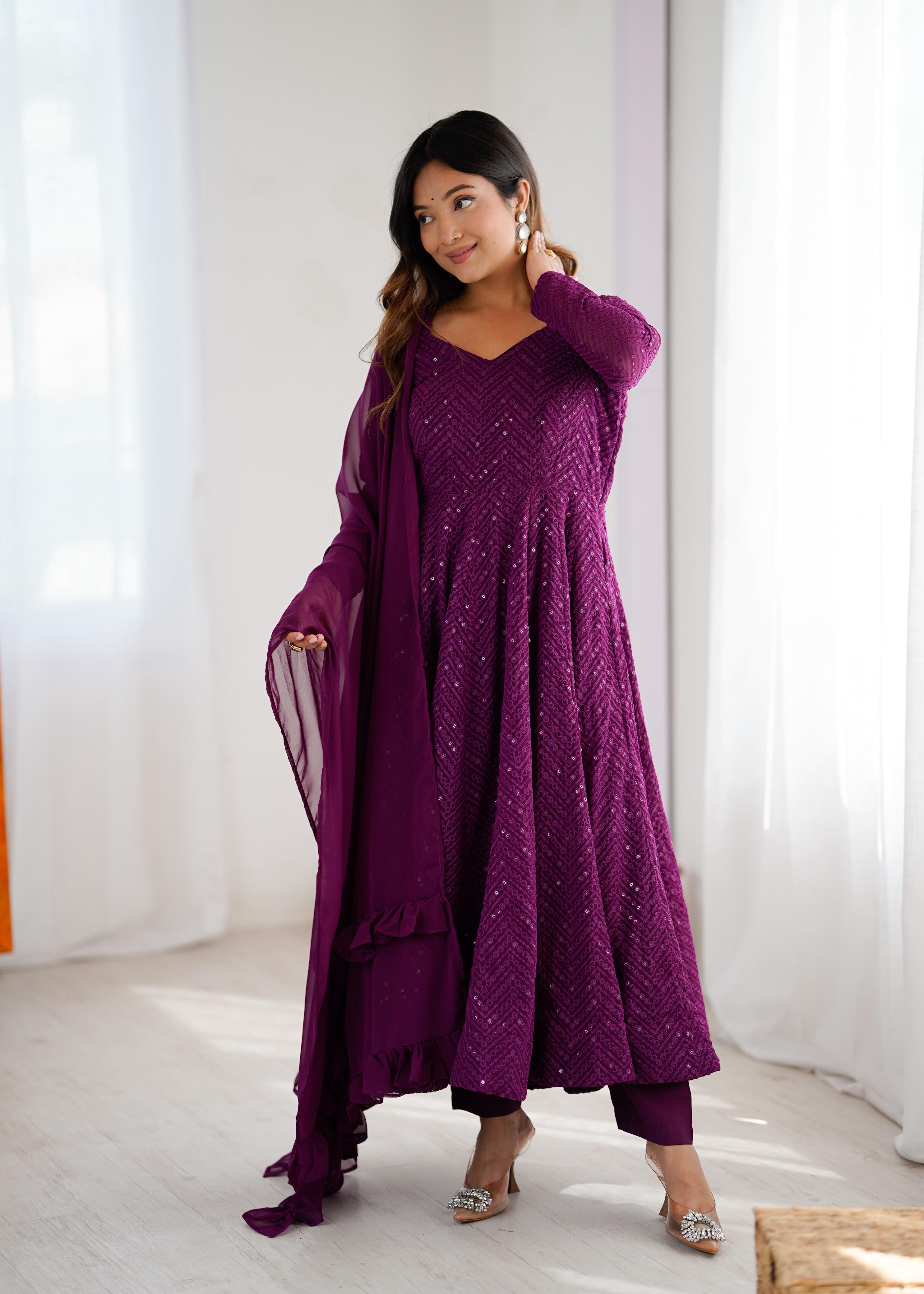 Wine Pure Soft Georgette Anarkali Suit Set with Huge Flair for Festive Occasions