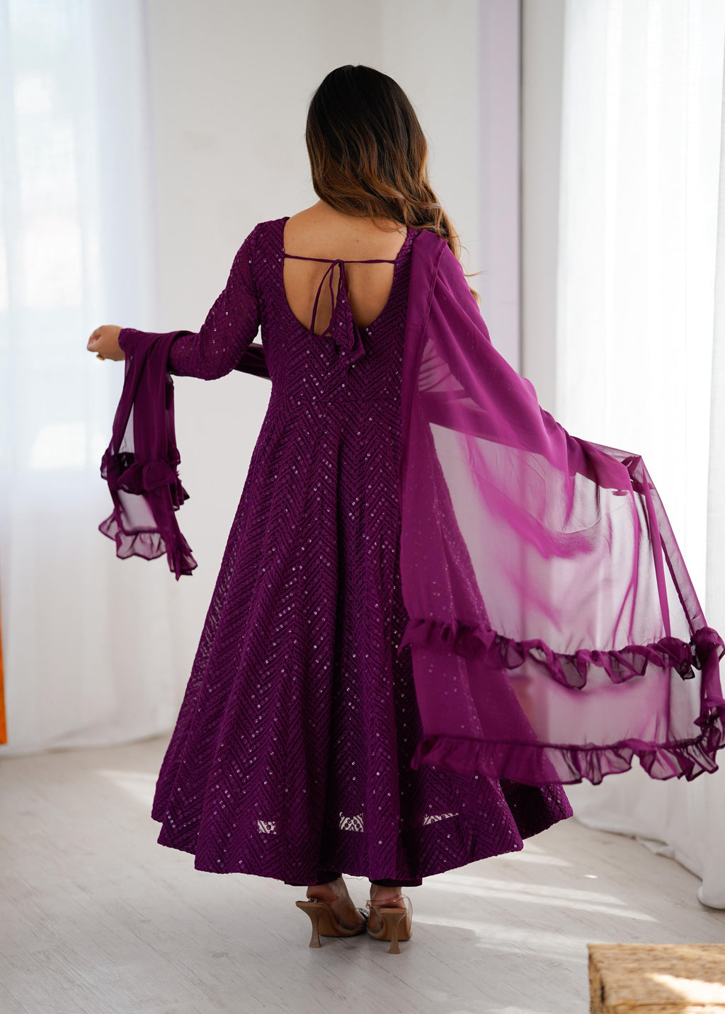 Wine Pure Soft Georgette Anarkali Suit Set with Huge Flair for Festive Occasions