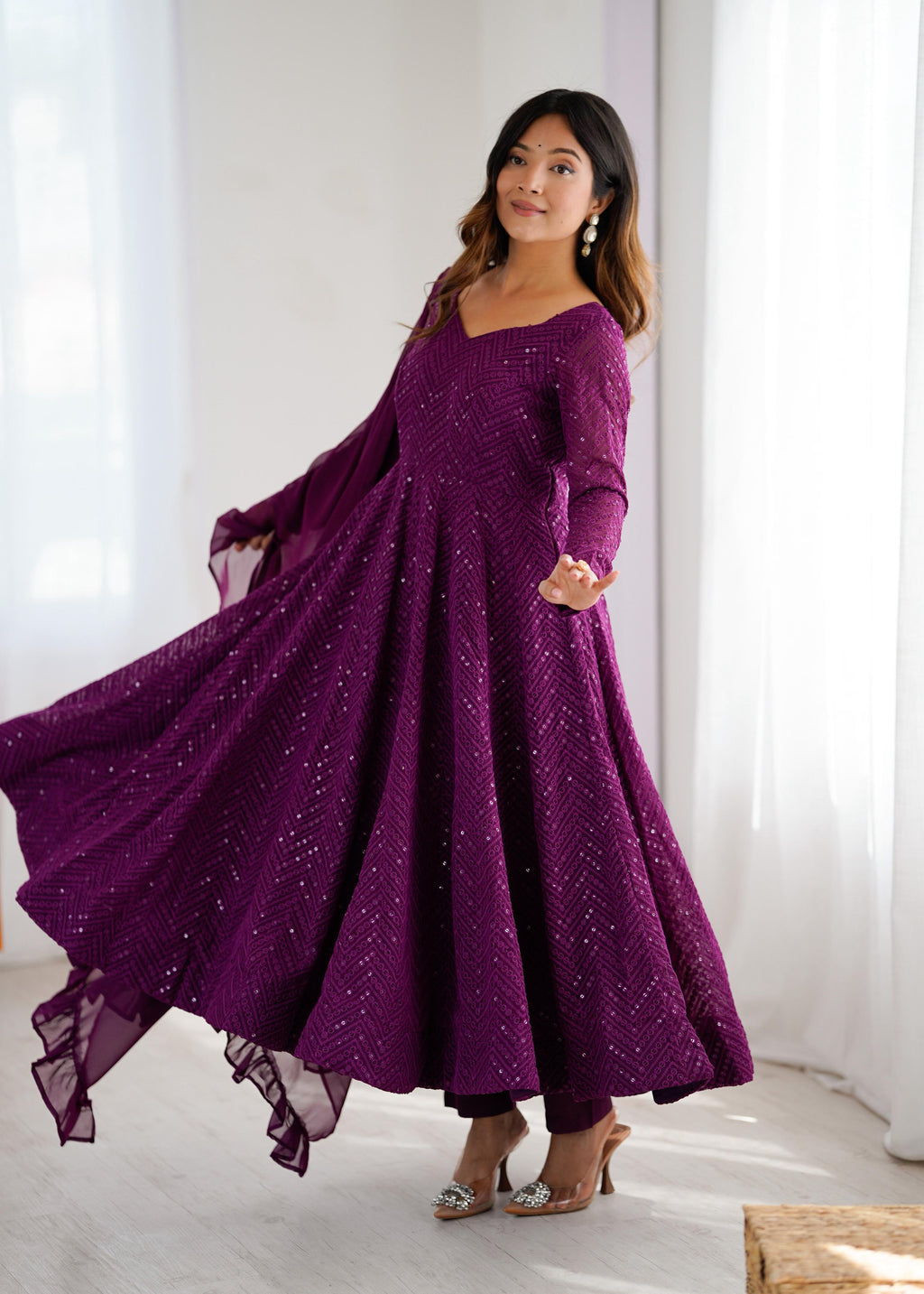 Wine Pure Soft Georgette Anarkali Suit Set with Huge Flair for Festive Occasions