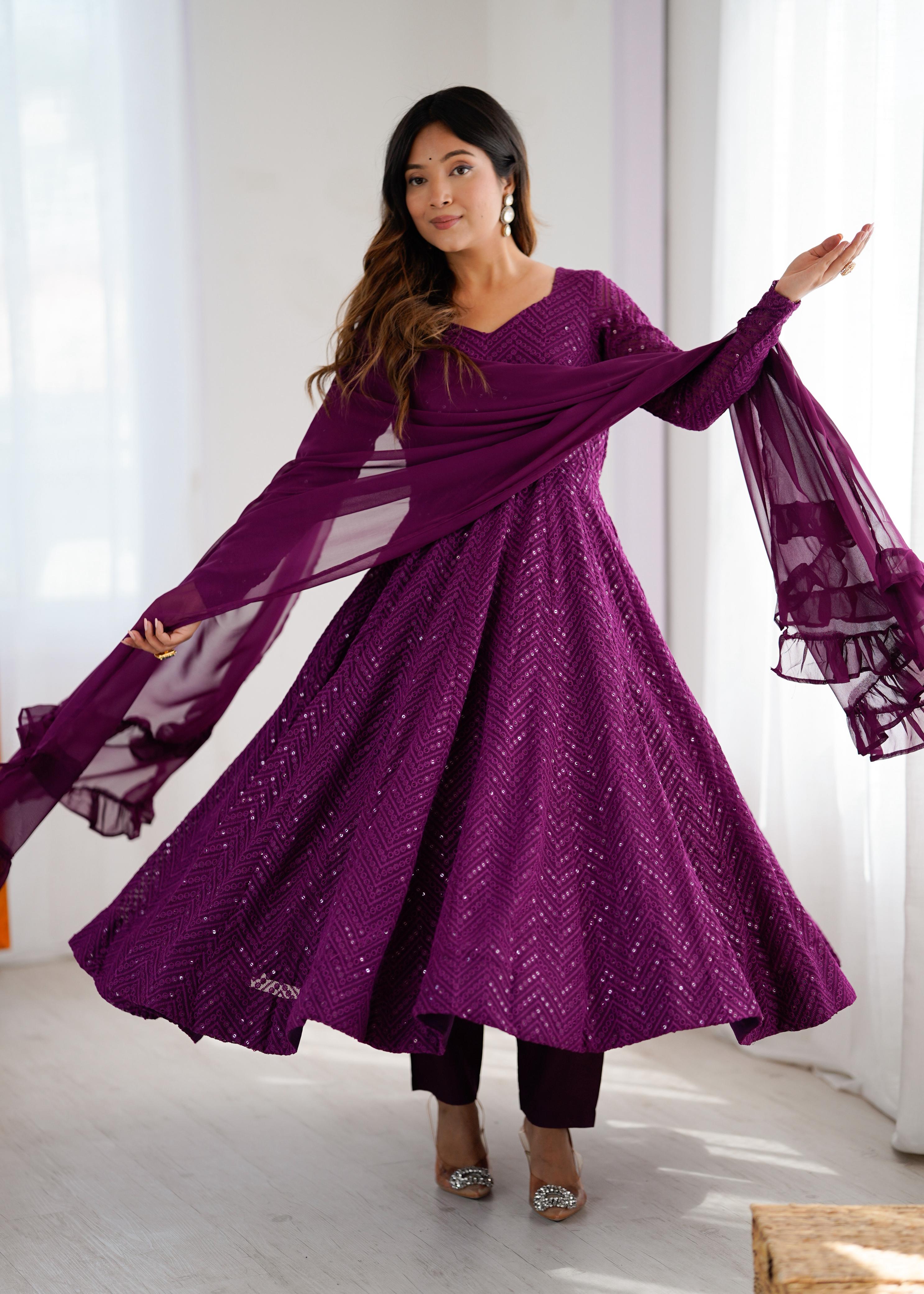 Wine Pure Soft Georgette Anarkali Suit Set with Huge Flair for Festive Occasions