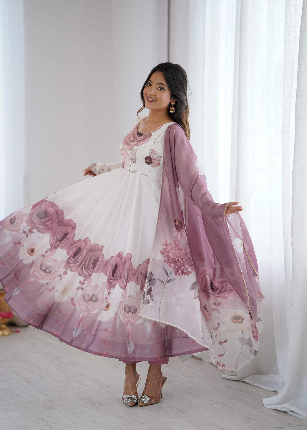 Pink Soft Organza Anarkali Suit Set with huge flair for festive occasions