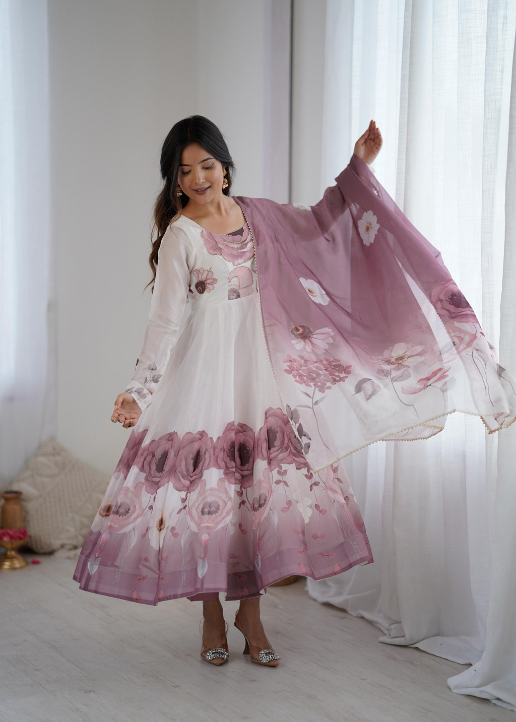 Pink Soft Organza Anarkali Suit Set with huge flair for festive occasions