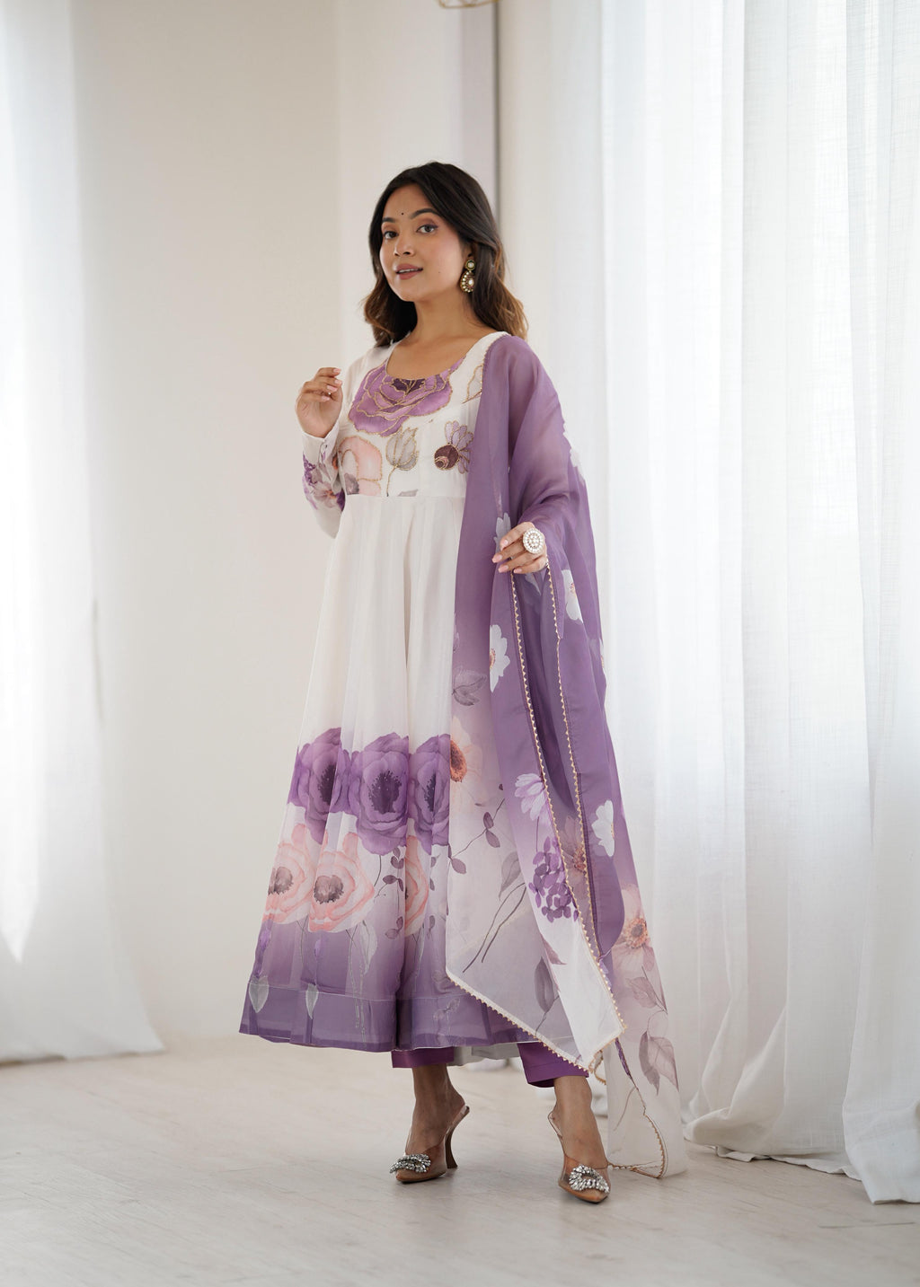 Violet Soft Organza Anarkali Suit Set with huge flair for festive occasions