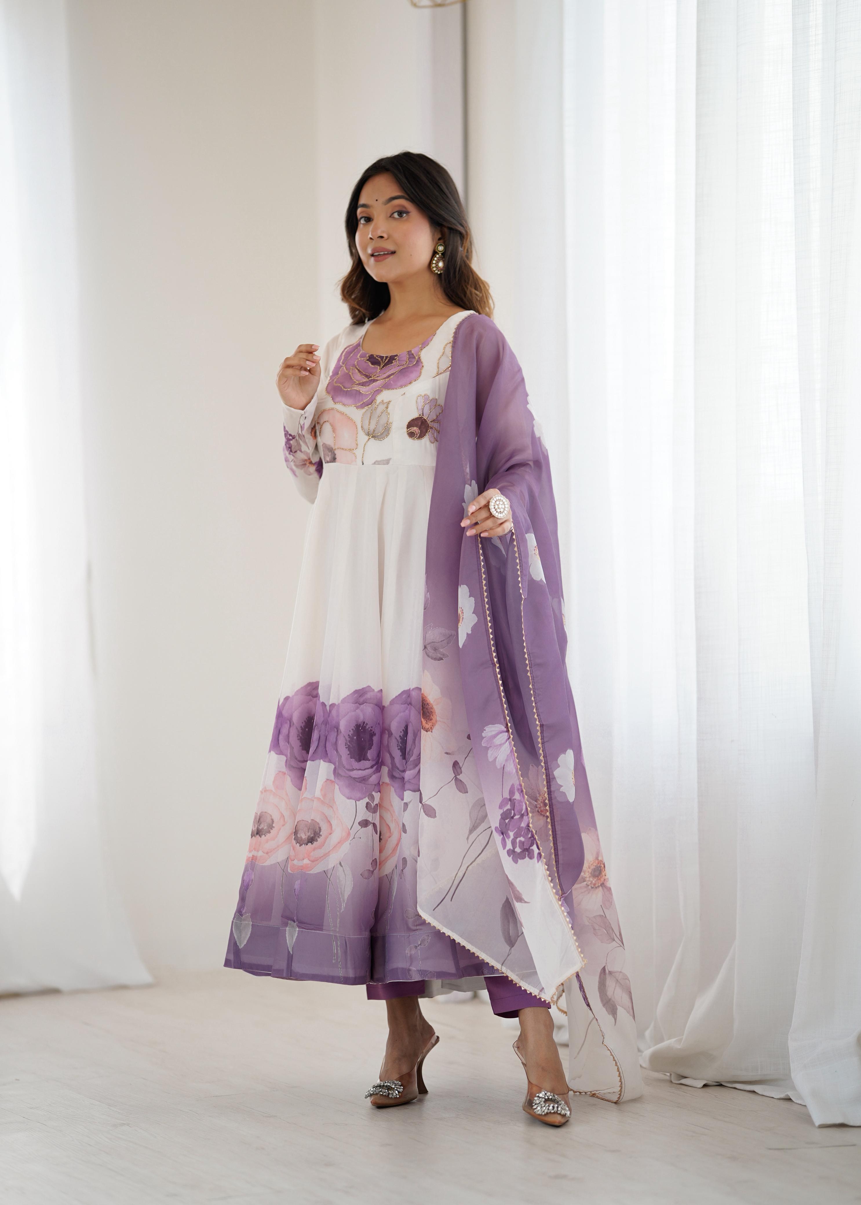 Violet Soft Organza Anarkali Suit Set with huge flair for festive occasions