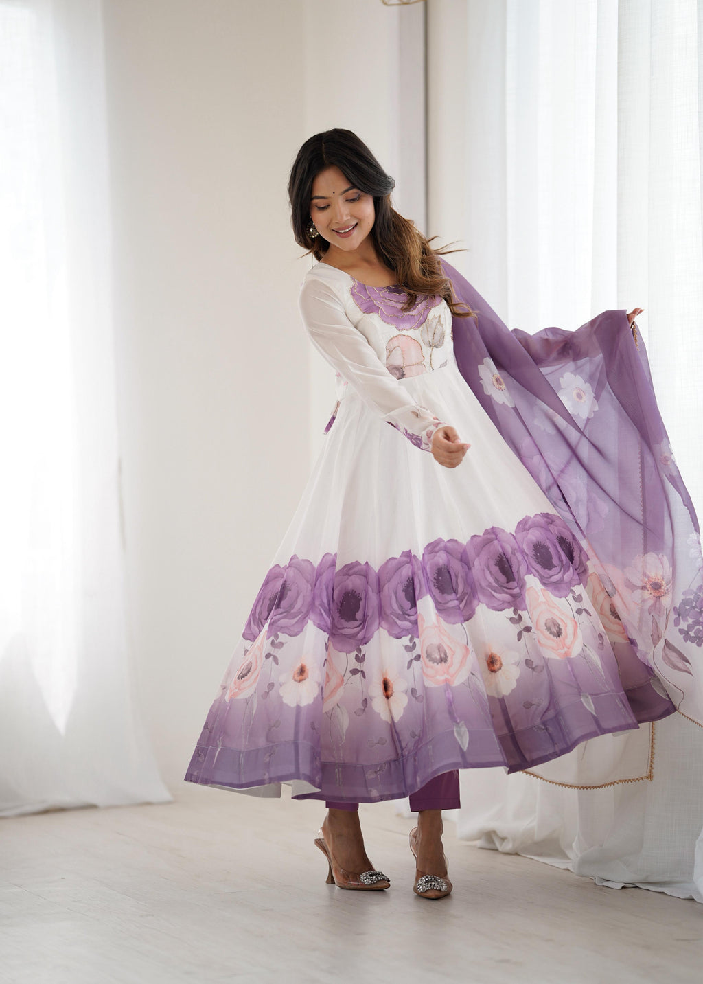 Violet Soft Organza Anarkali Suit Set with huge flair for festive occasions