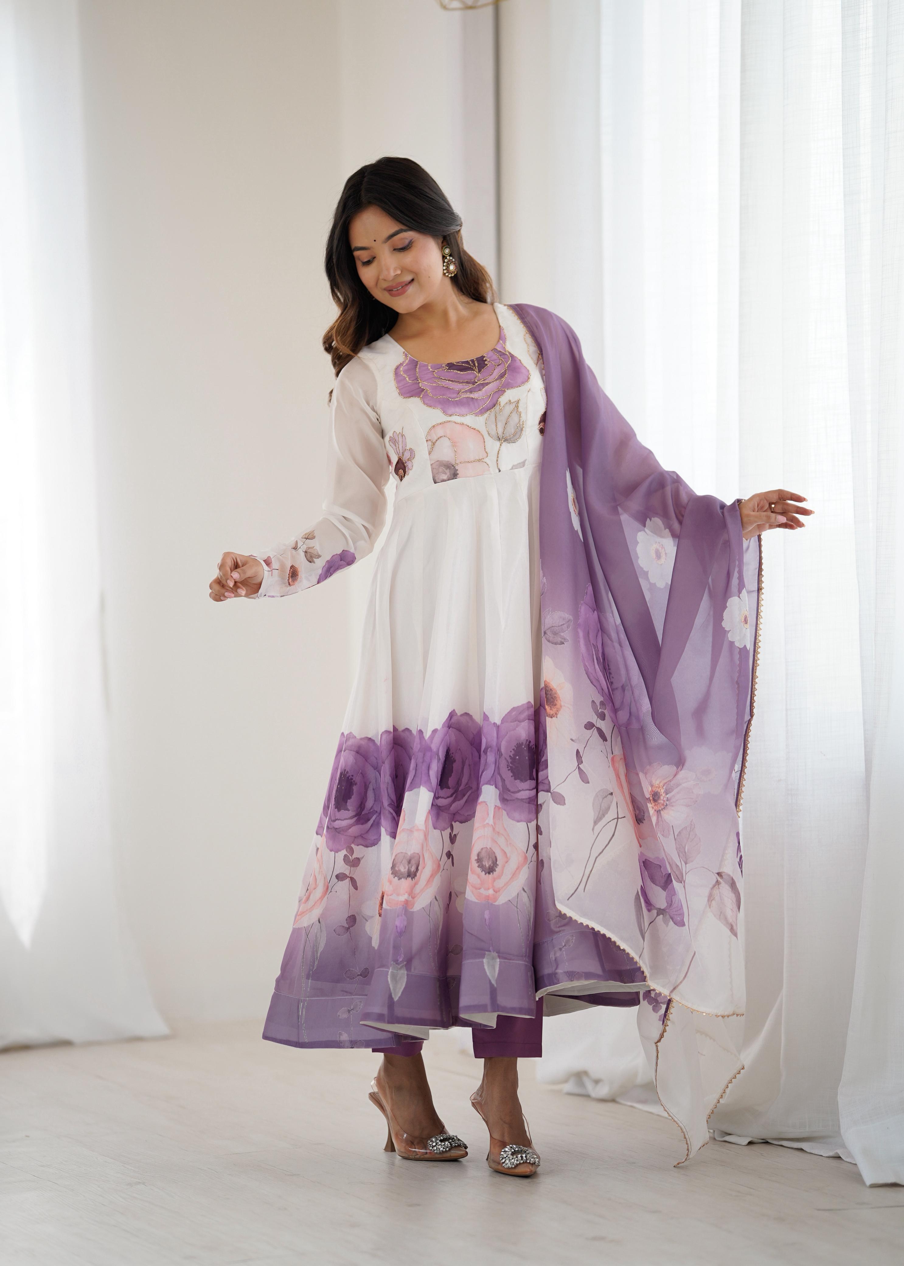 Violet Soft Organza Anarkali Suit Set with huge flair for festive occasions