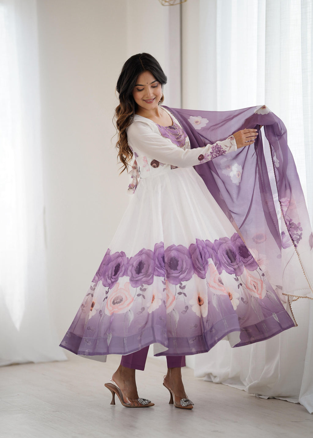 Violet Soft Organza Anarkali Suit Set with huge flair for festive occasions