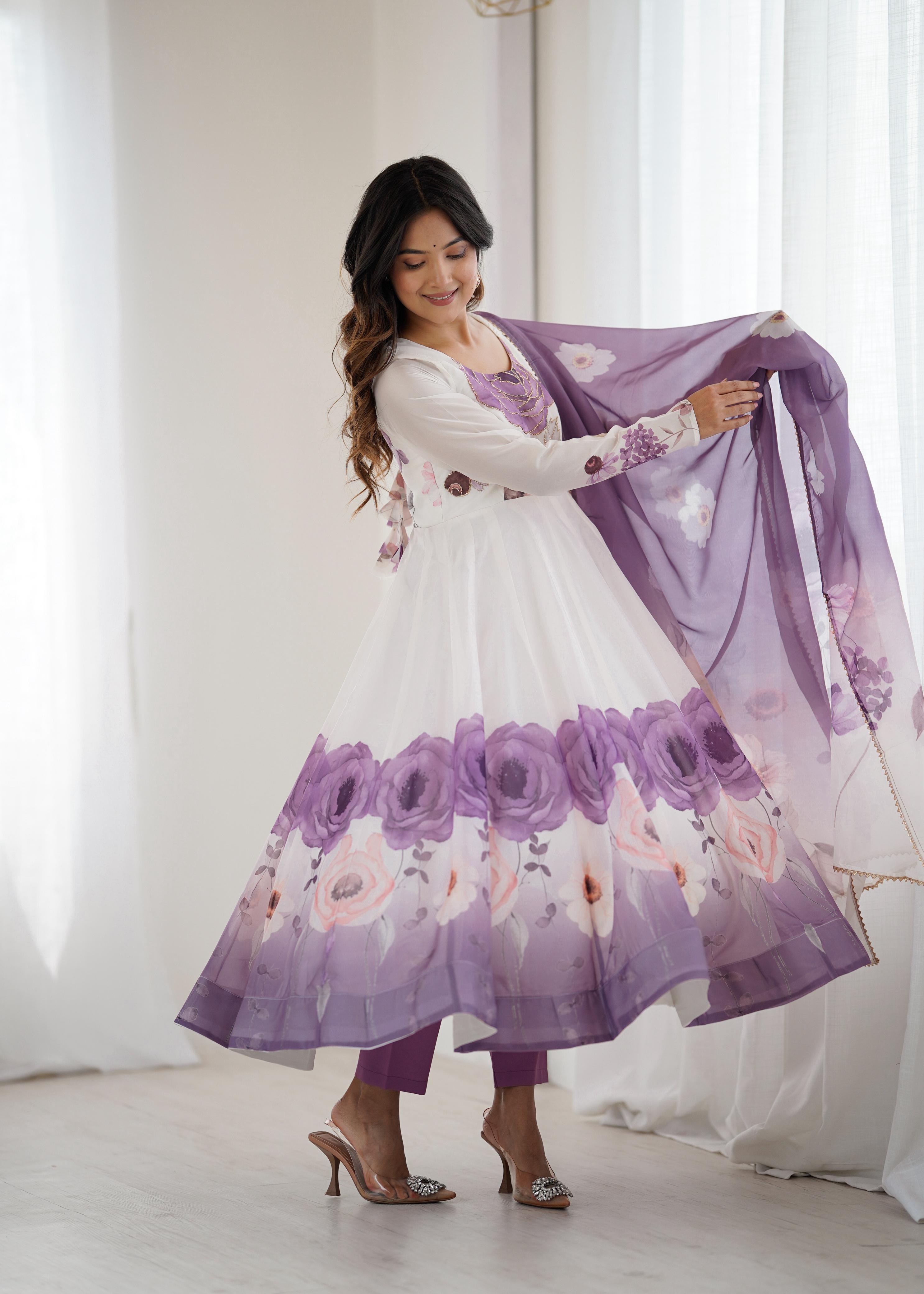 Violet Soft Organza Anarkali Suit Set with huge flair for festive occasions