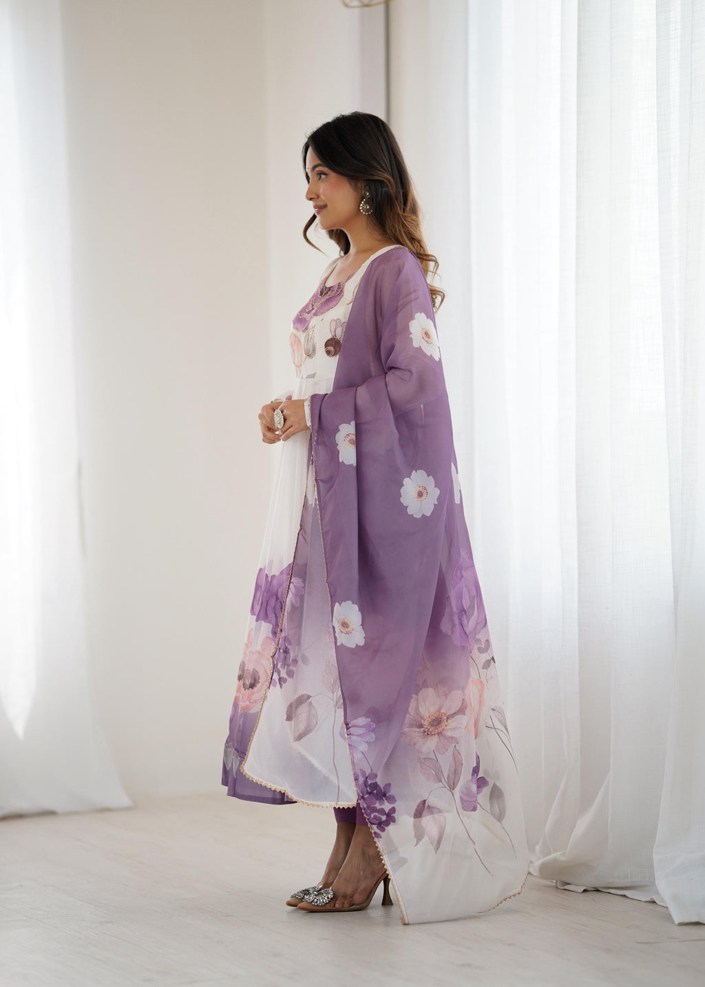 Violet Soft Organza Anarkali Suit Set with huge flair for festive occasions