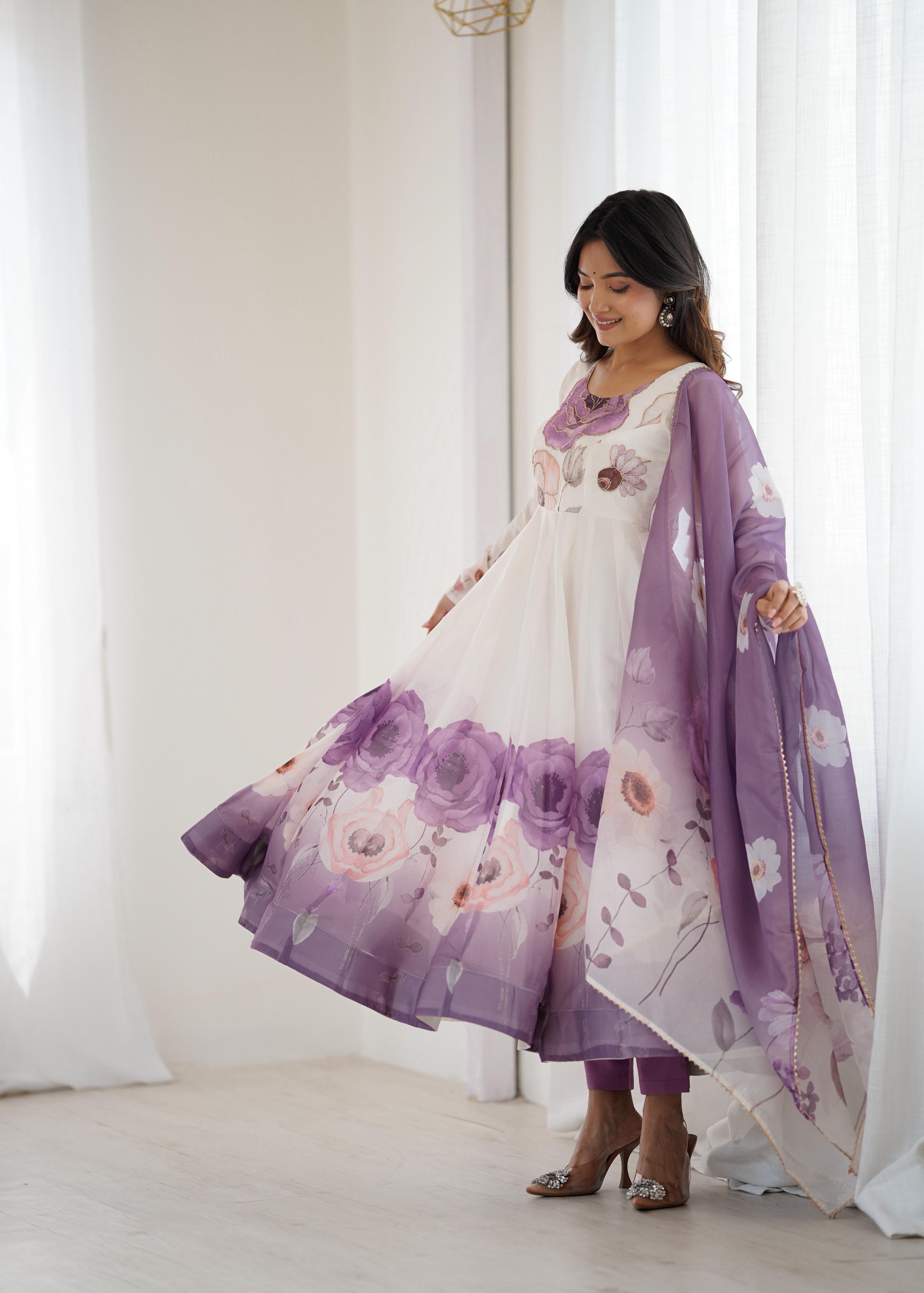 Violet Soft Organza Anarkali Suit Set with huge flair for festive occasions