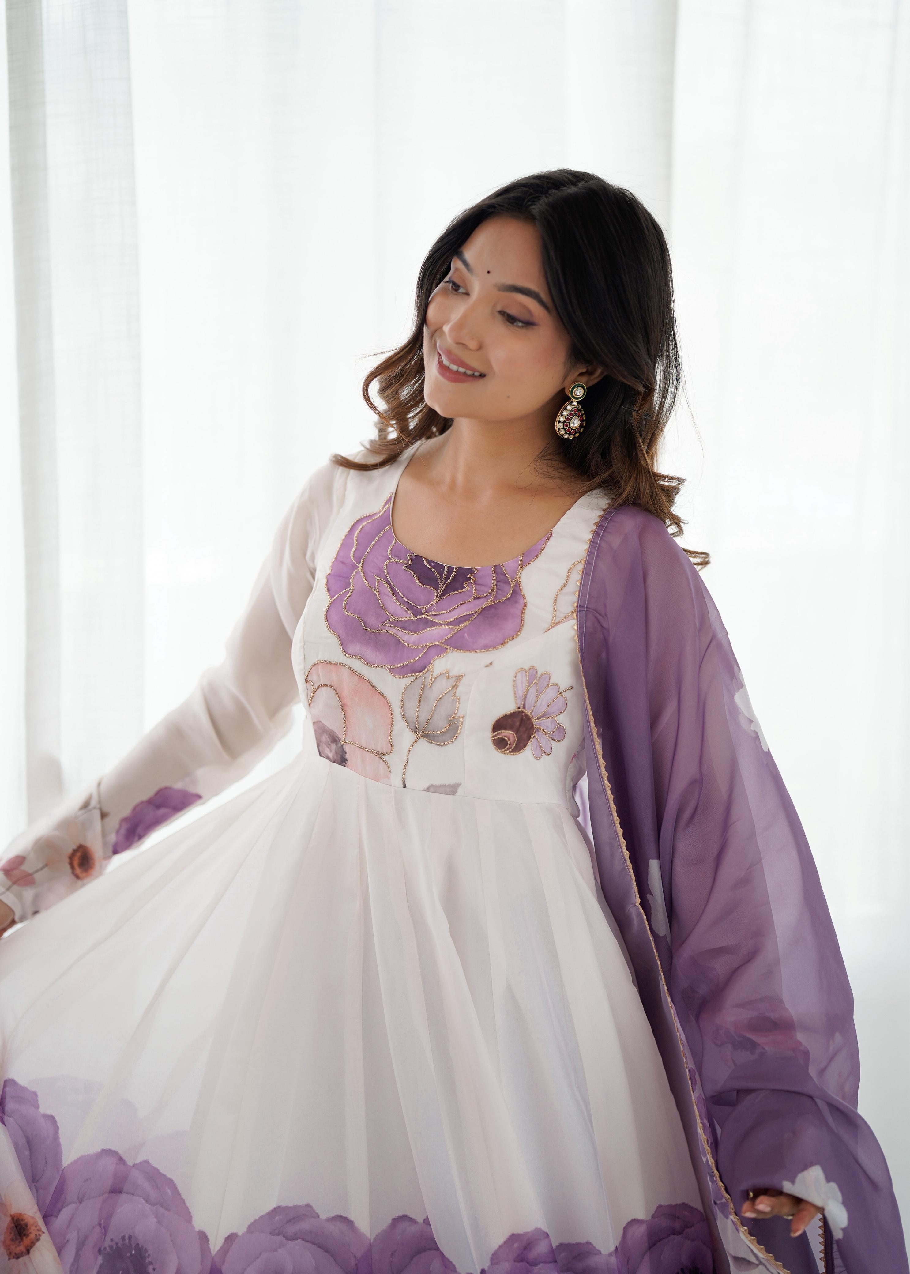 Violet Soft Organza Anarkali Suit Set with huge flair for festive occasions