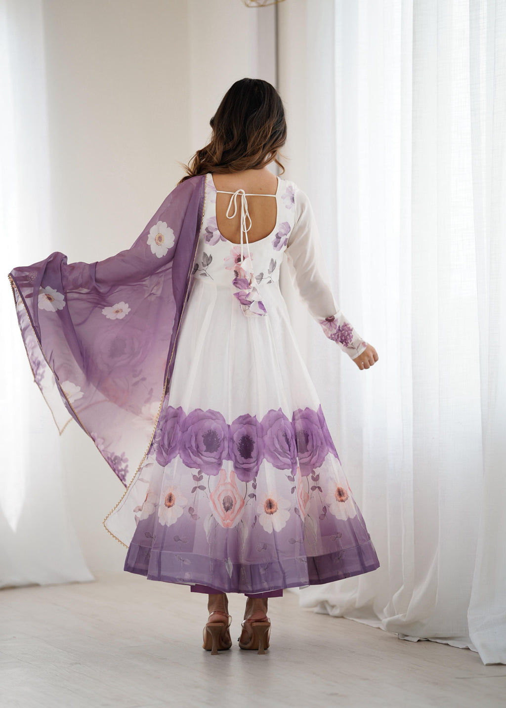 Violet Soft Organza Anarkali Suit Set with huge flair for festive occasions
