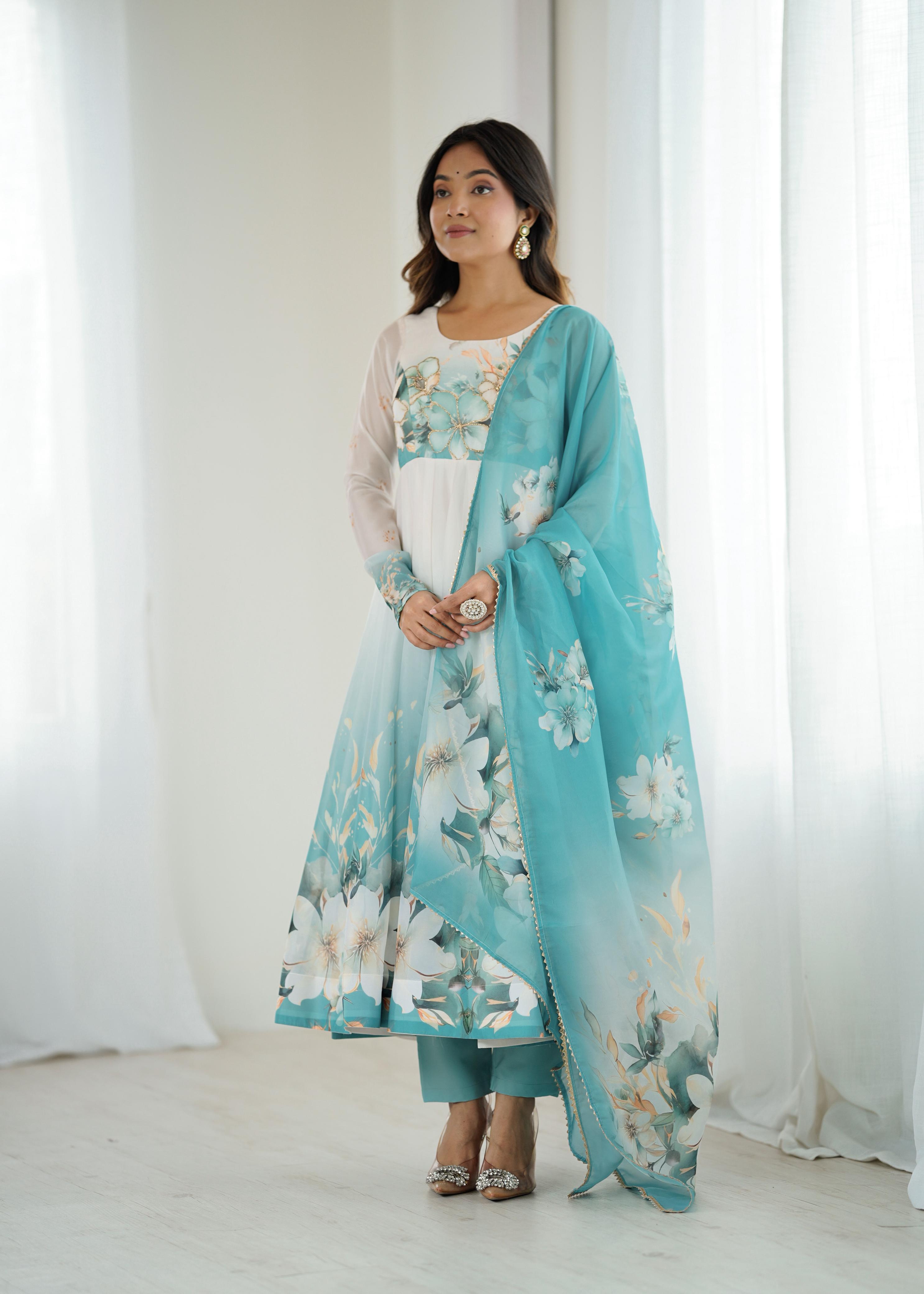 Aqua Blue Pure Soft Organza Anarkali Suit Set With Huge Flair, Dupatta & Pant