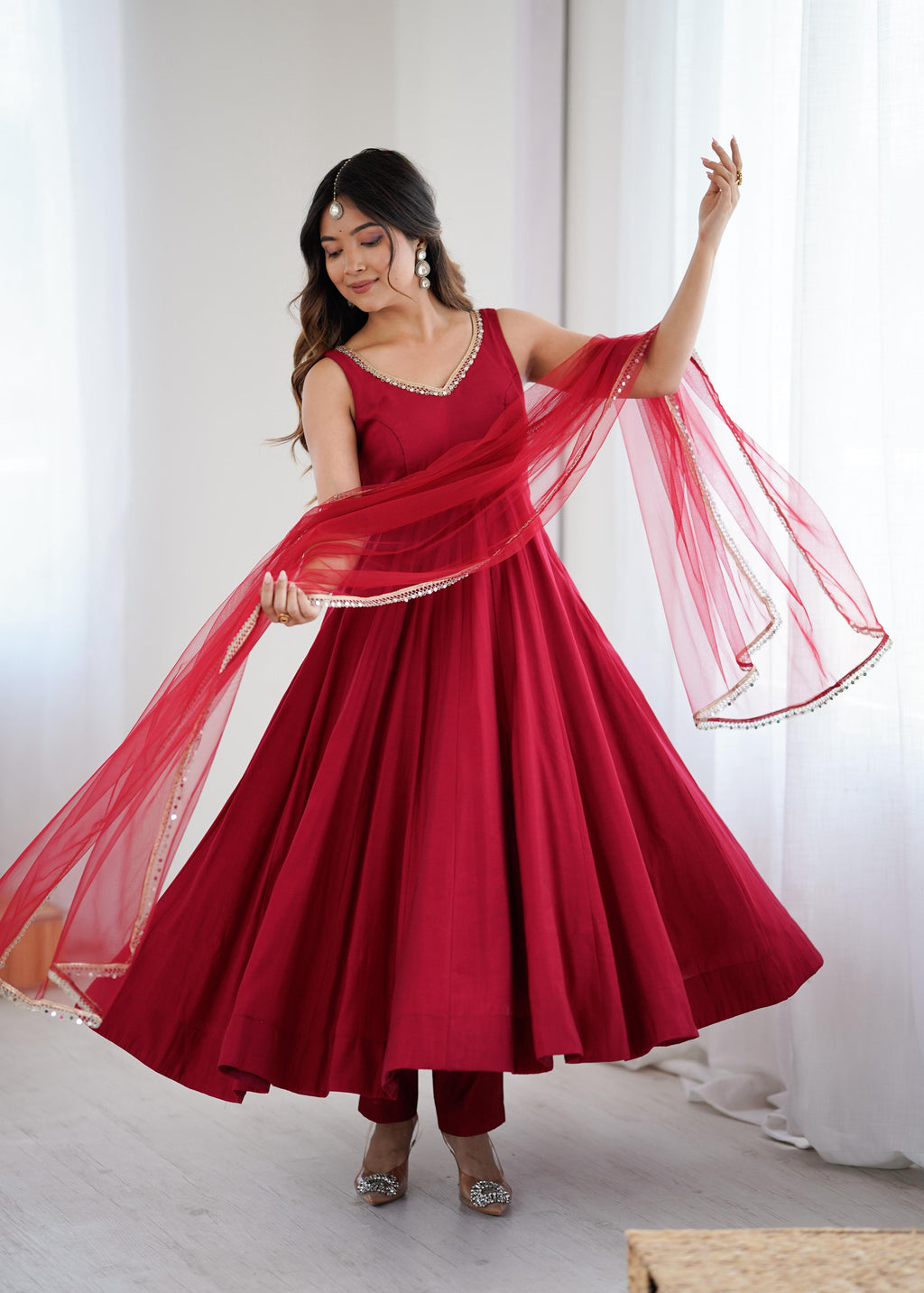 Maroon Roman Silk Chanderi Anarkali Suit Set with Huge Flair for Festive Occasions