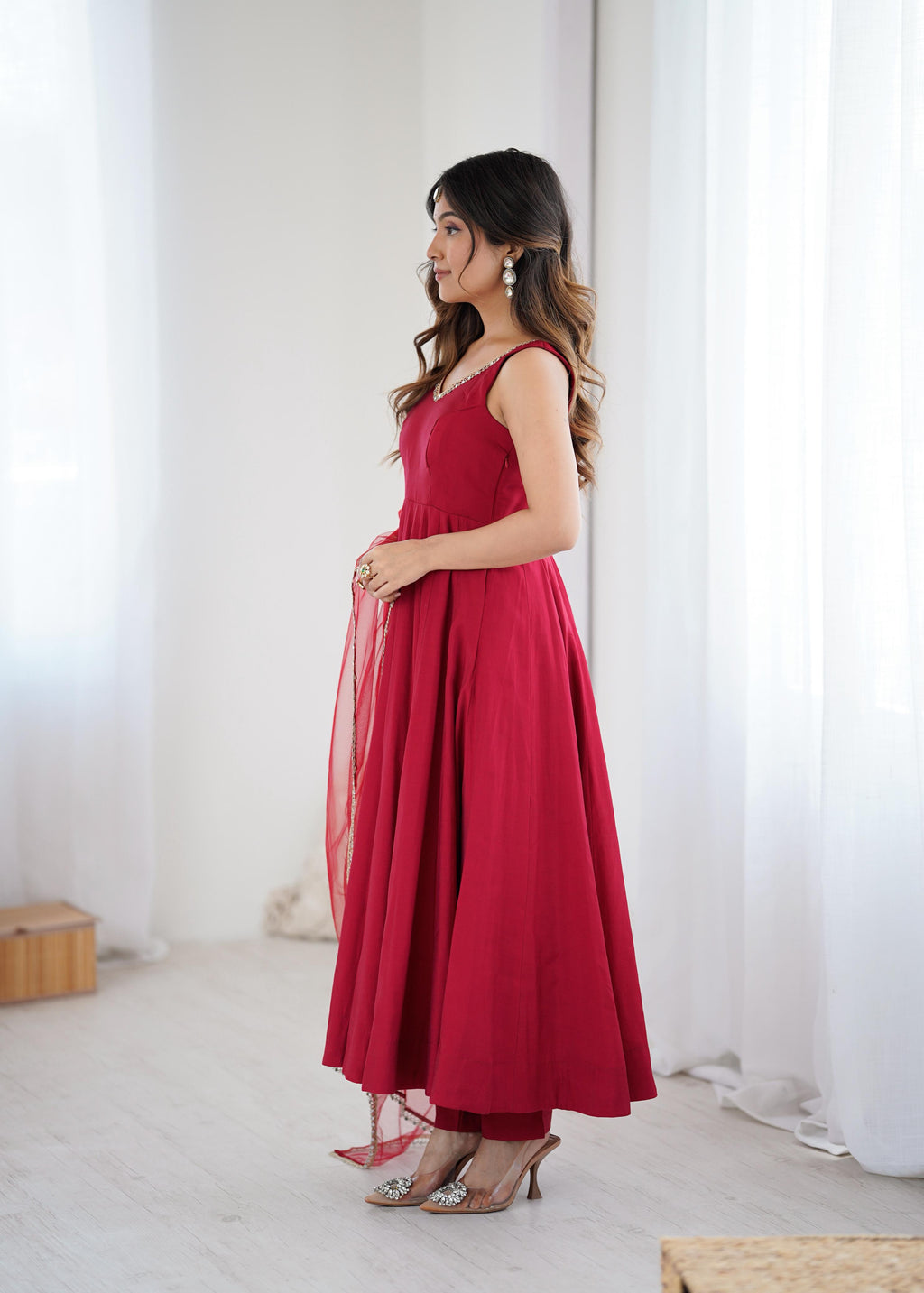 Maroon Roman Silk Chanderi Anarkali Suit Set with Huge Flair for Festive Occasions