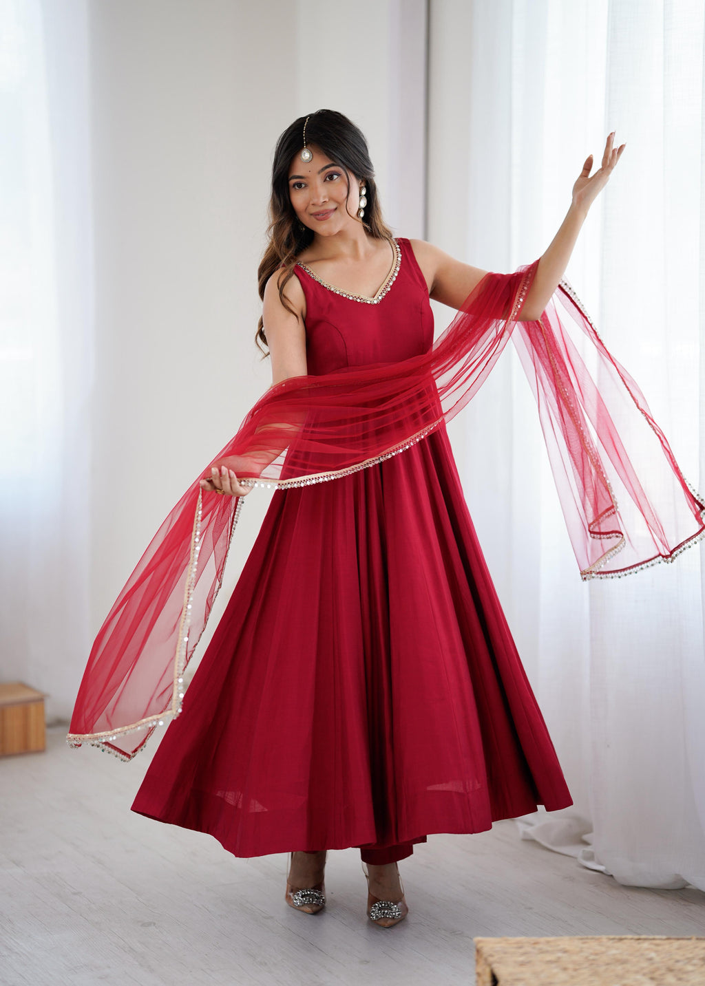 Maroon Roman Silk Chanderi Anarkali Suit Set with Huge Flair for Festive Occasions