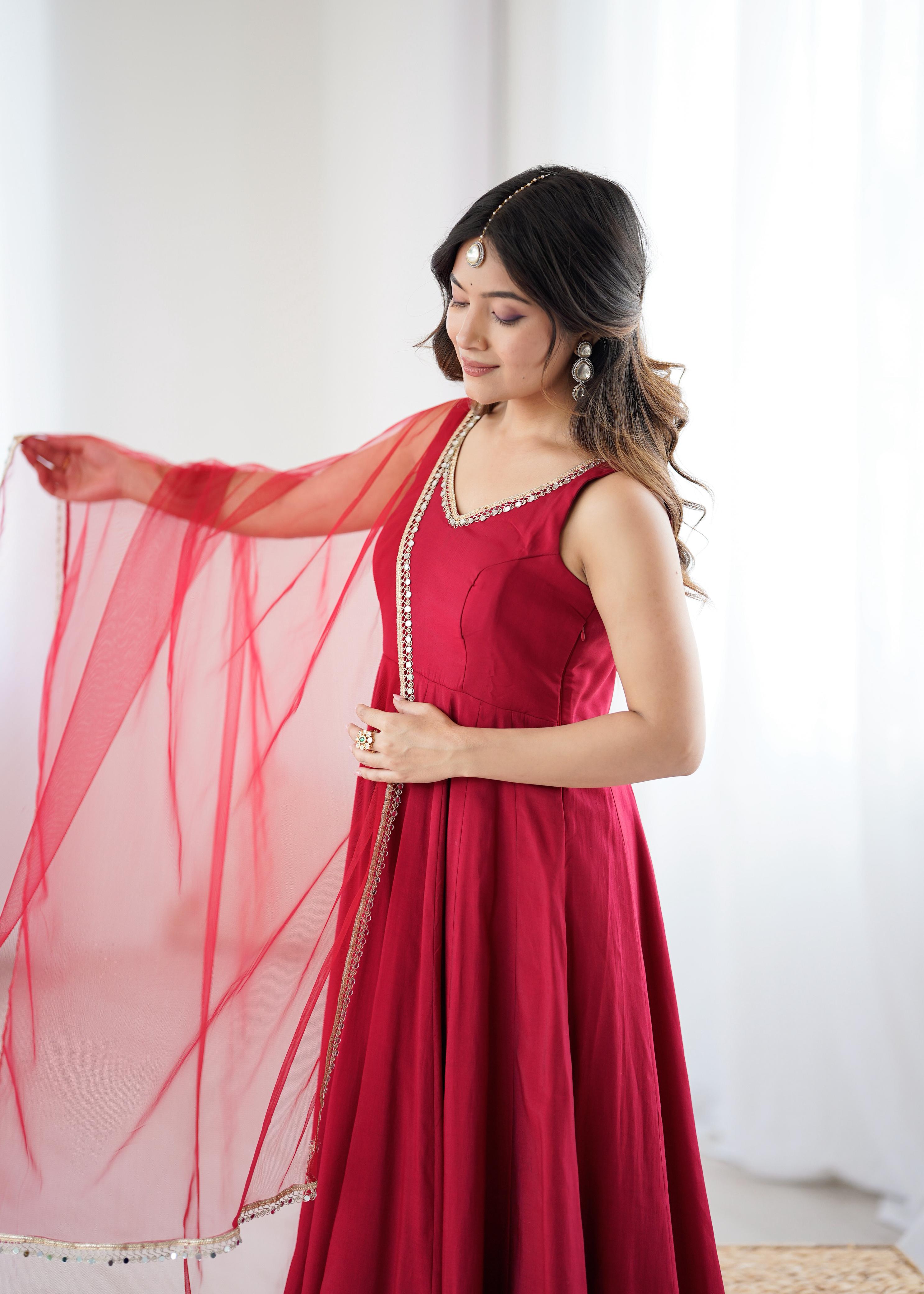 Maroon Roman Silk Chanderi Anarkali Suit Set with Huge Flair for Festive Occasions
